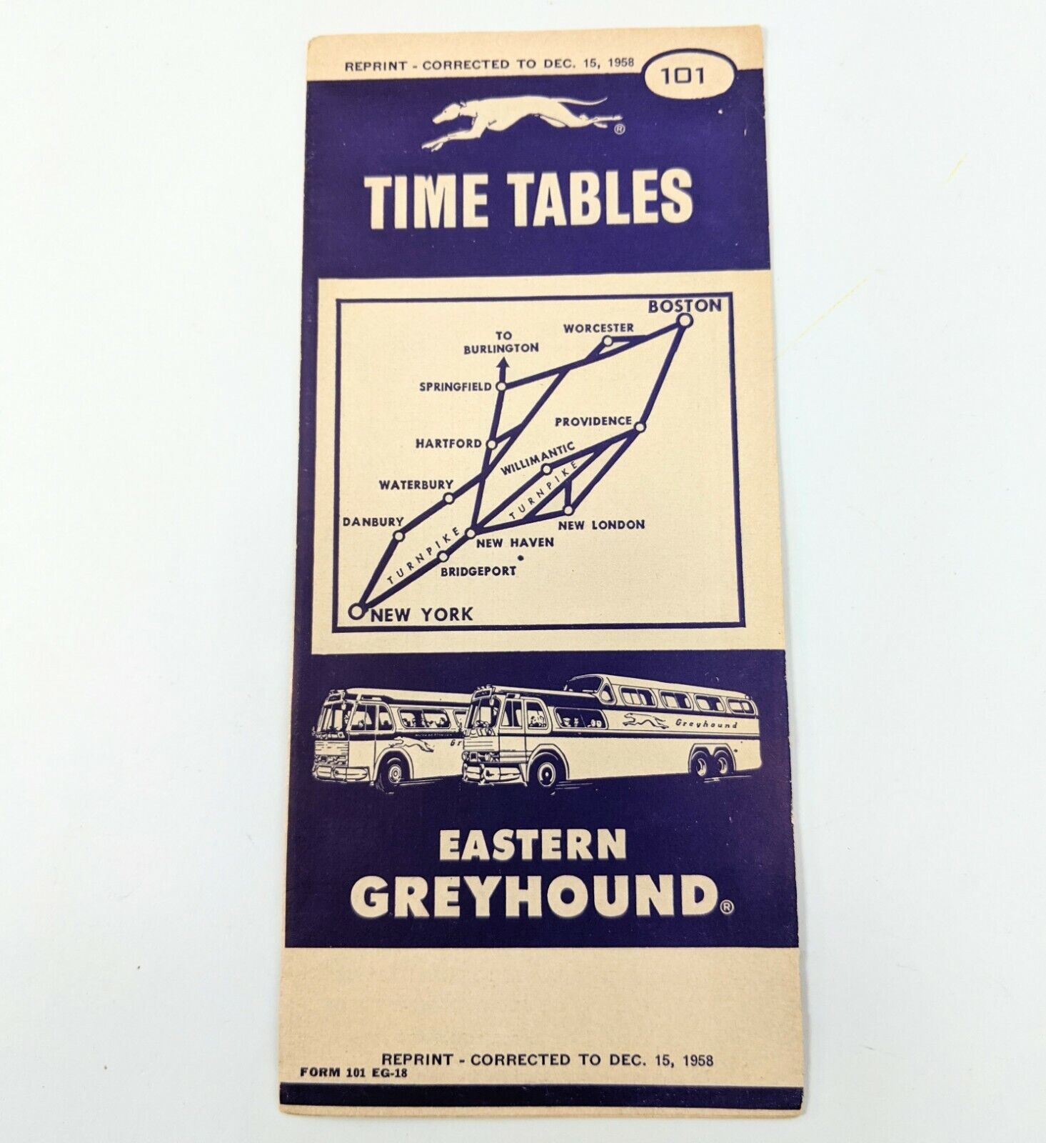 1958 New York Boston Eastern Greyhound Bus Time Table Pocket Brochure 101