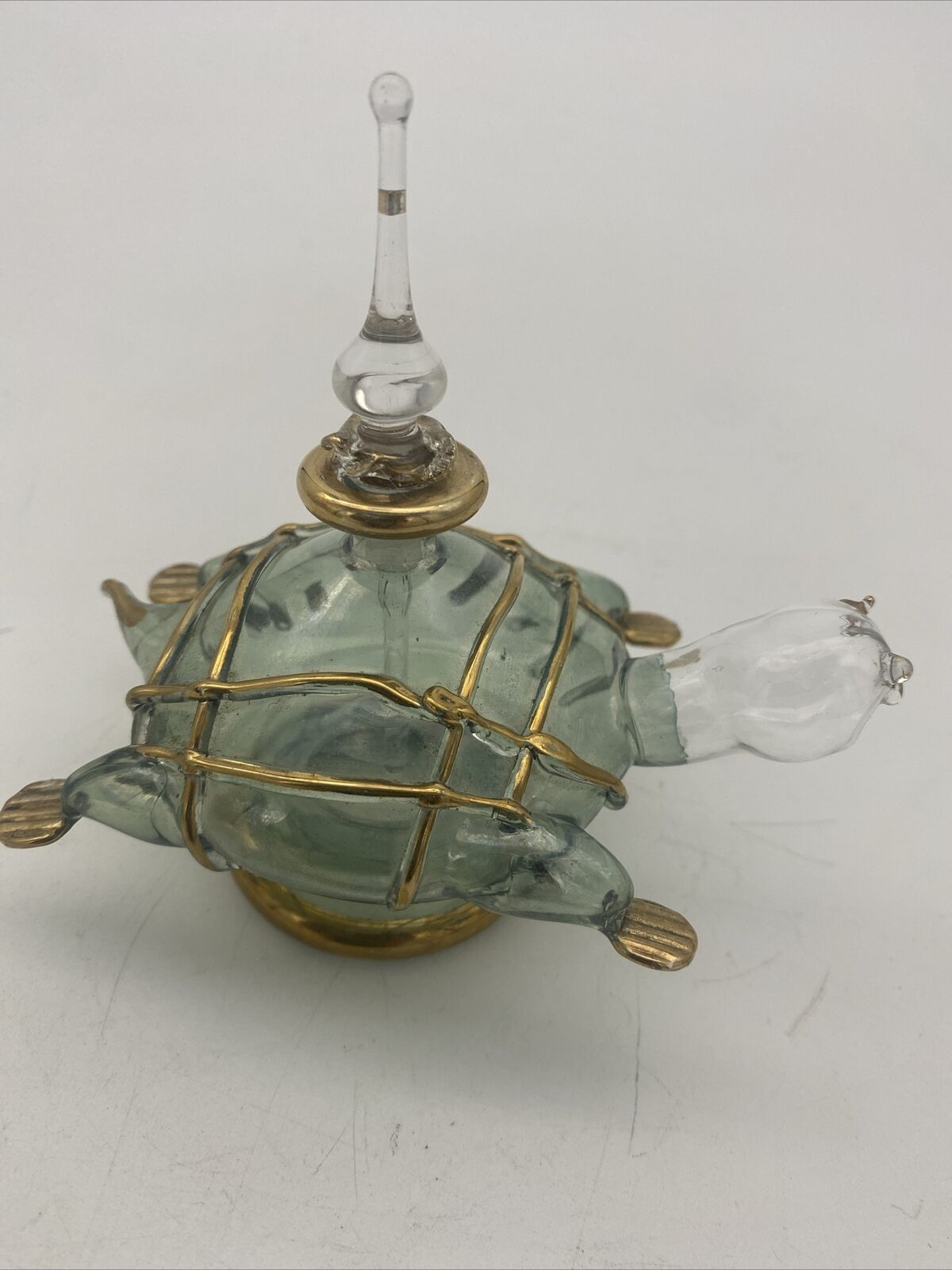 Vintage Sea Turtle Perfume Bottle With Stopper Green Tint Gold Trim