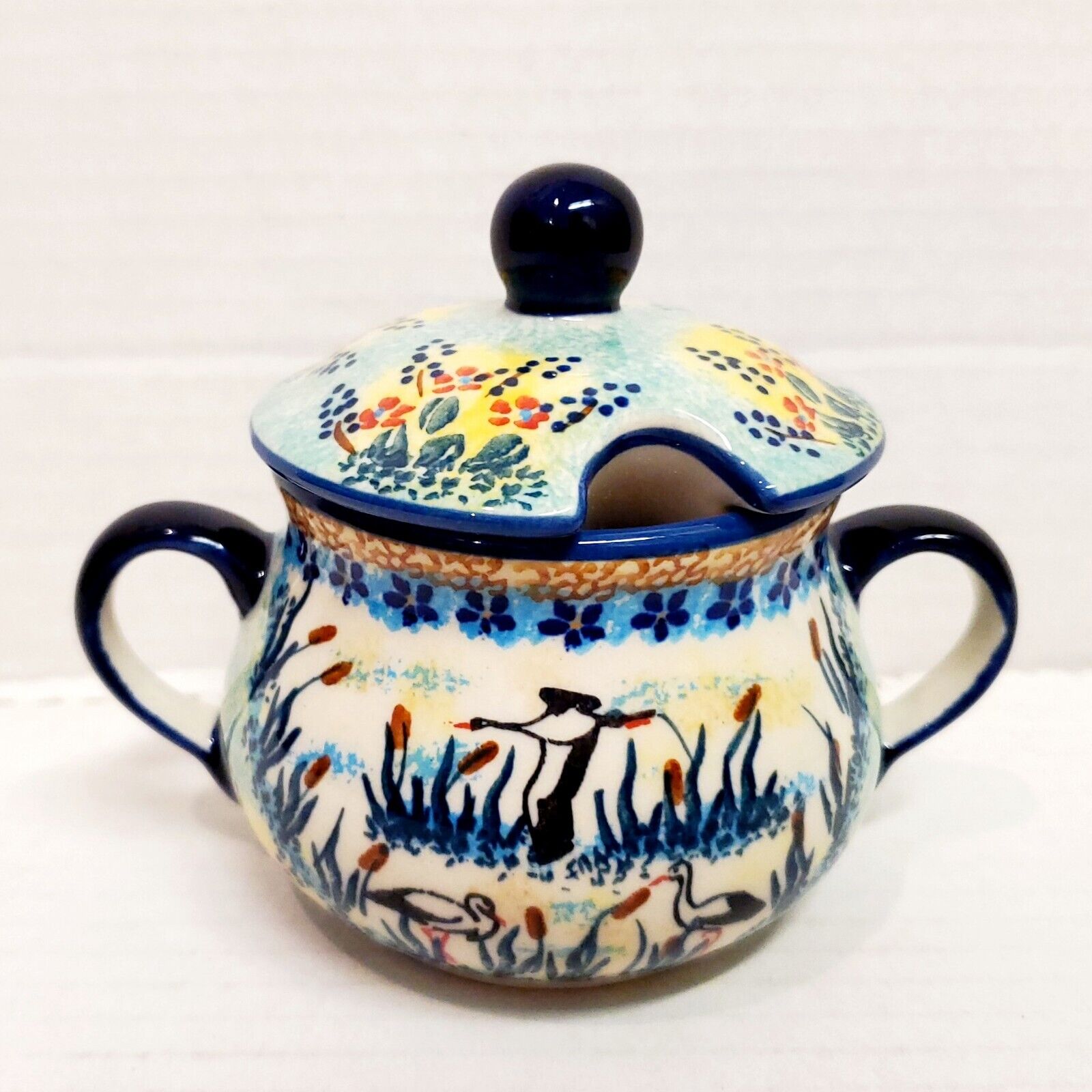 Polish Pottery Stork Sugar Bowl, Signed by the Artist, Kleszczynski