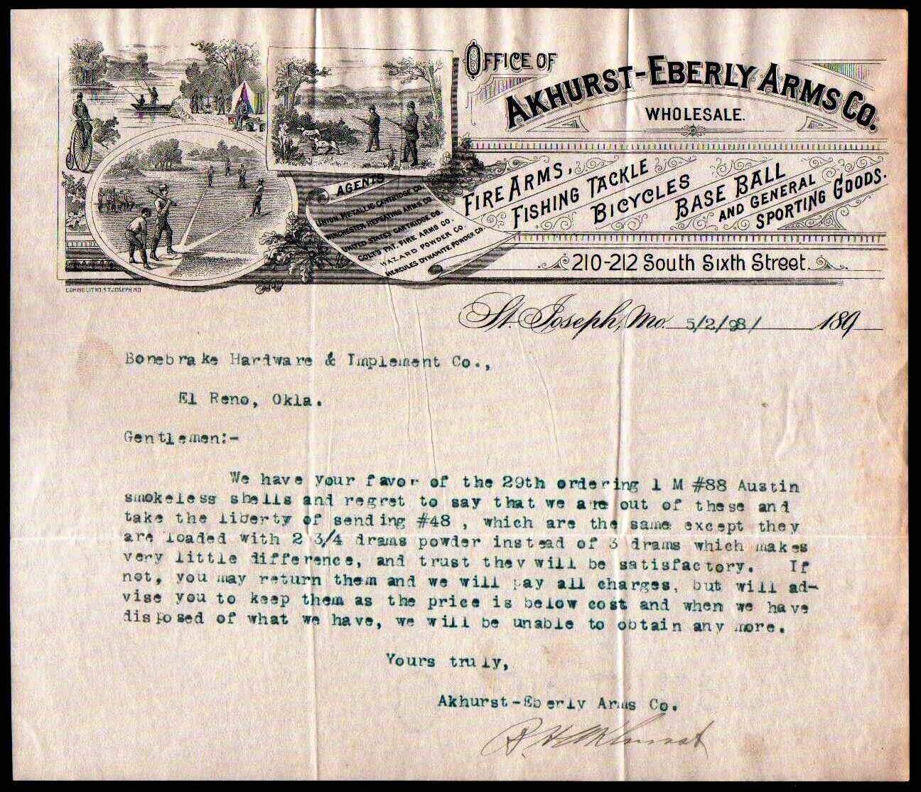 1891 St Joseph Mo - Baseball -    Akhurst Eberly Arms Co  - Letter Head Bill