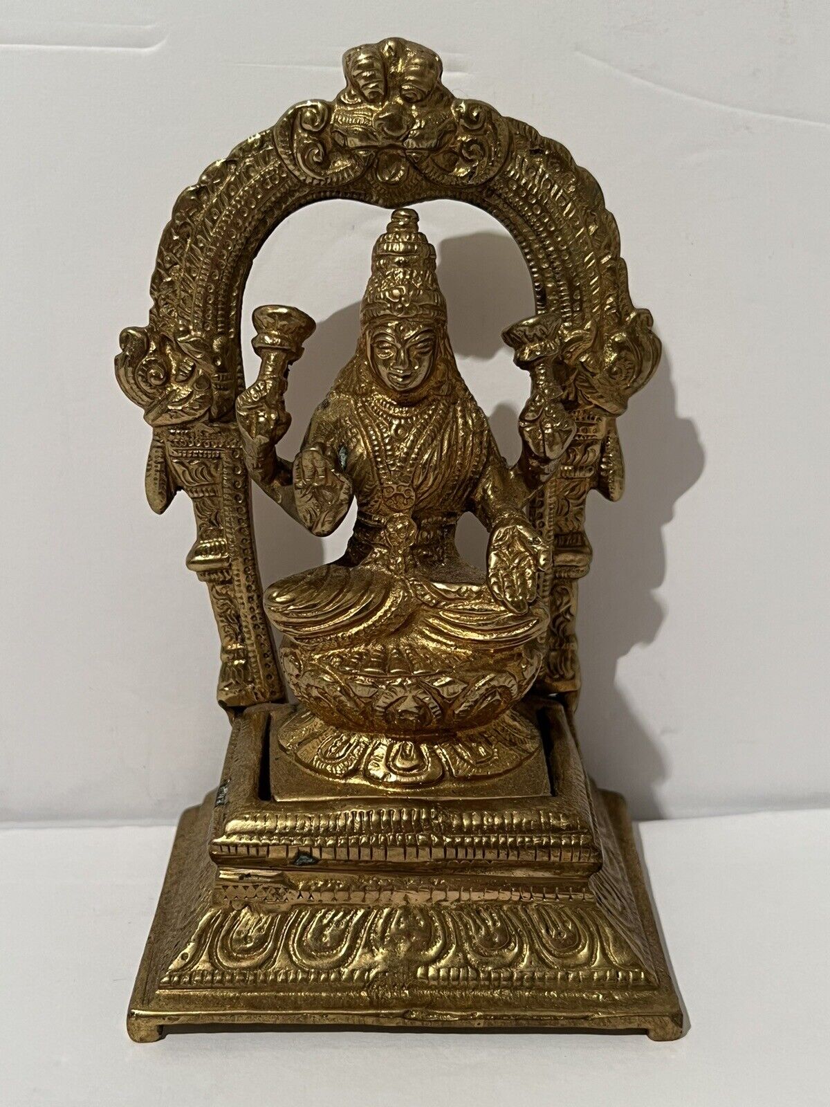 5” Brass Goddess Lakshmi  Seated on Lotus with Kirtimukha Arch Hoysala Bronze