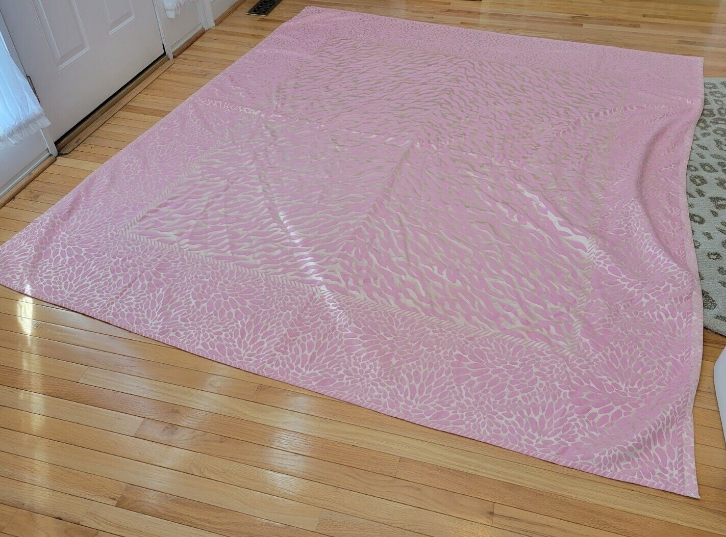 VTG 60s MCM Custom King Coverlet Flower zebra animL metallic pink  Bed Spread 99