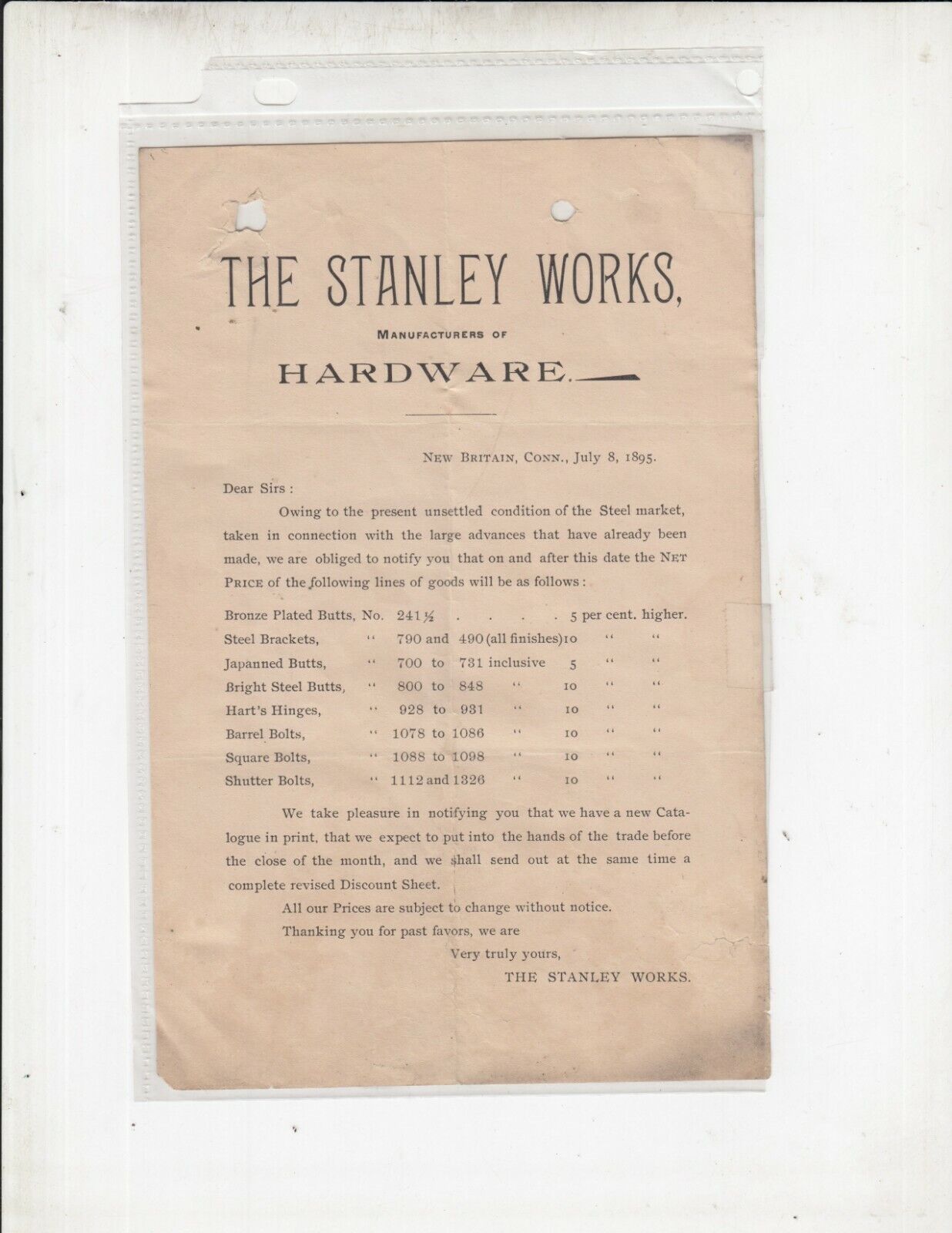 Super VINTAGE STANLEY SW Hardware, 1895 The STANLEY WORKS Price Increase Letter