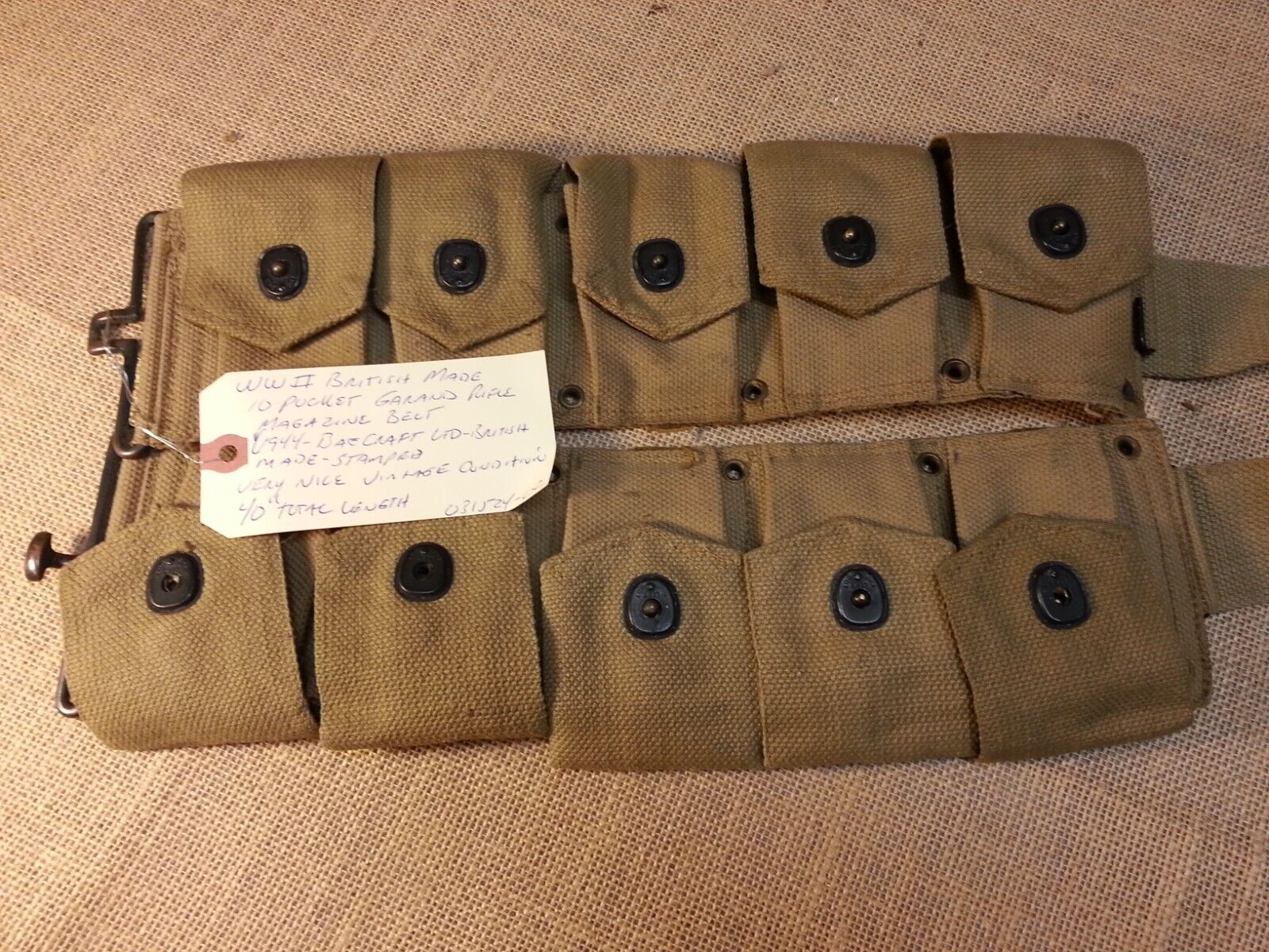 WW2 Original British Made 10 Pocket GarandSpringfield Ammo Belt Baecraft LTD MFG