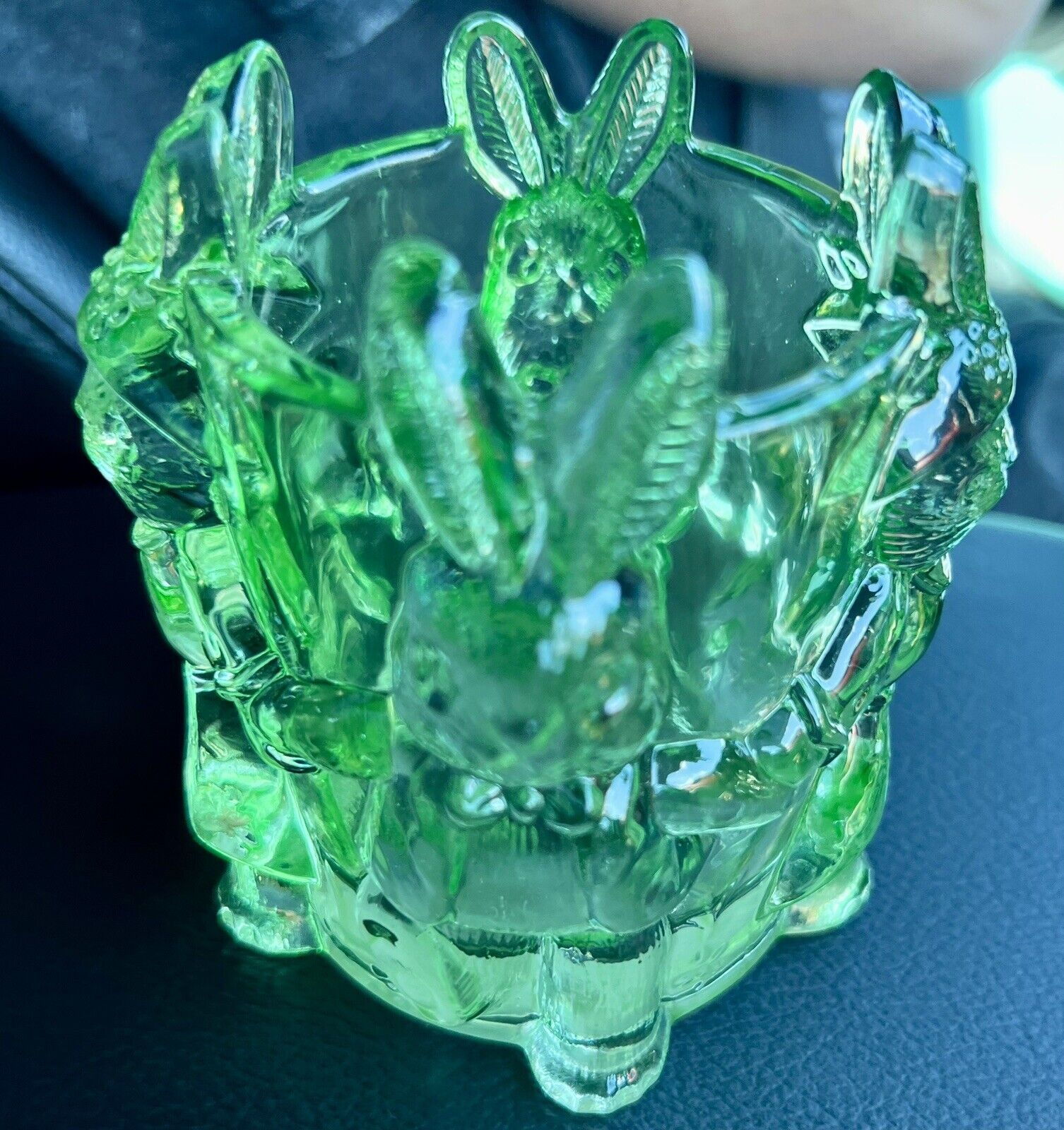 Heavy Green Glass Dancing Bunnies vase Bunny Rabbit Easter