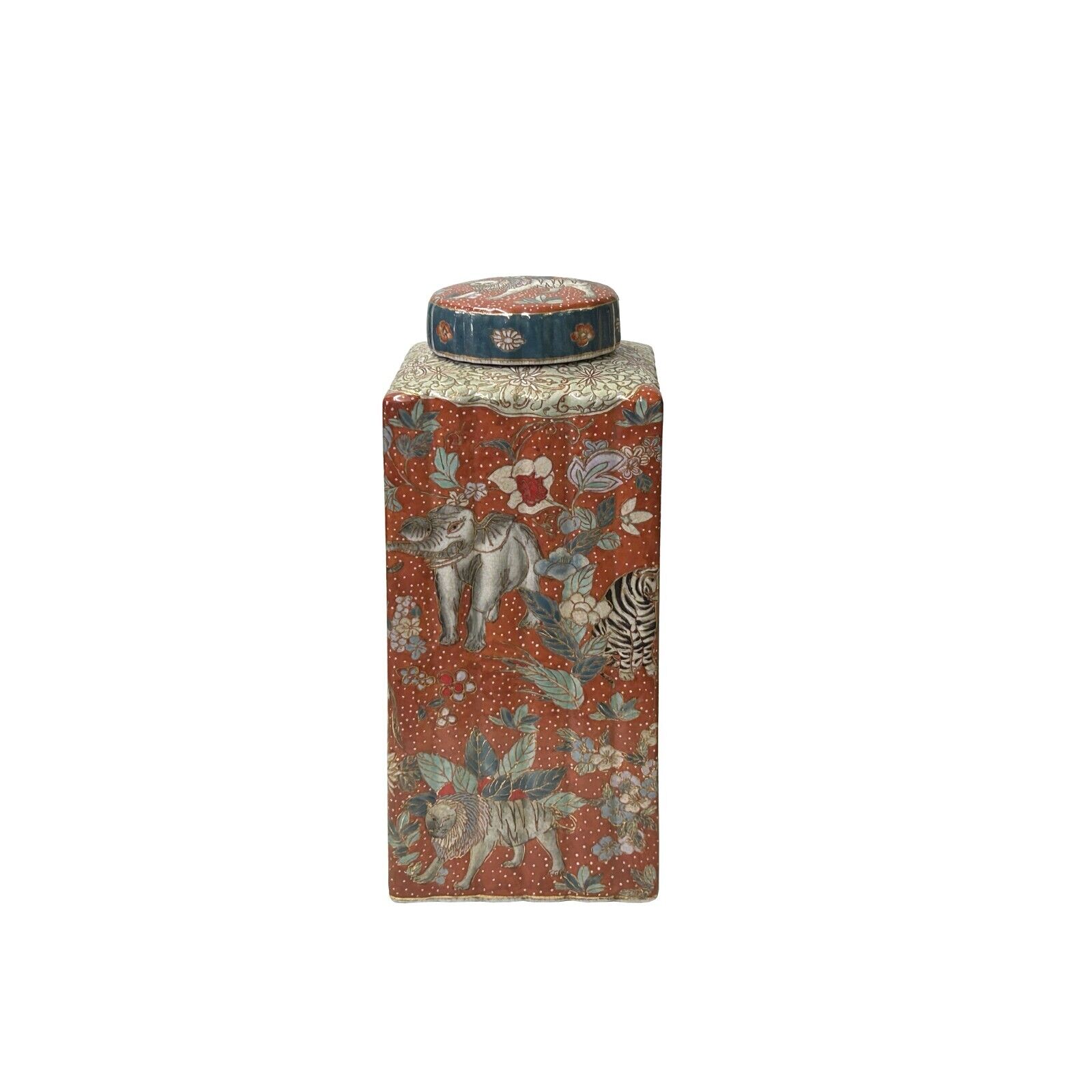 Vintage Maroon Red Animal Graphic Square Column Shape Porcelain Jar ws3854