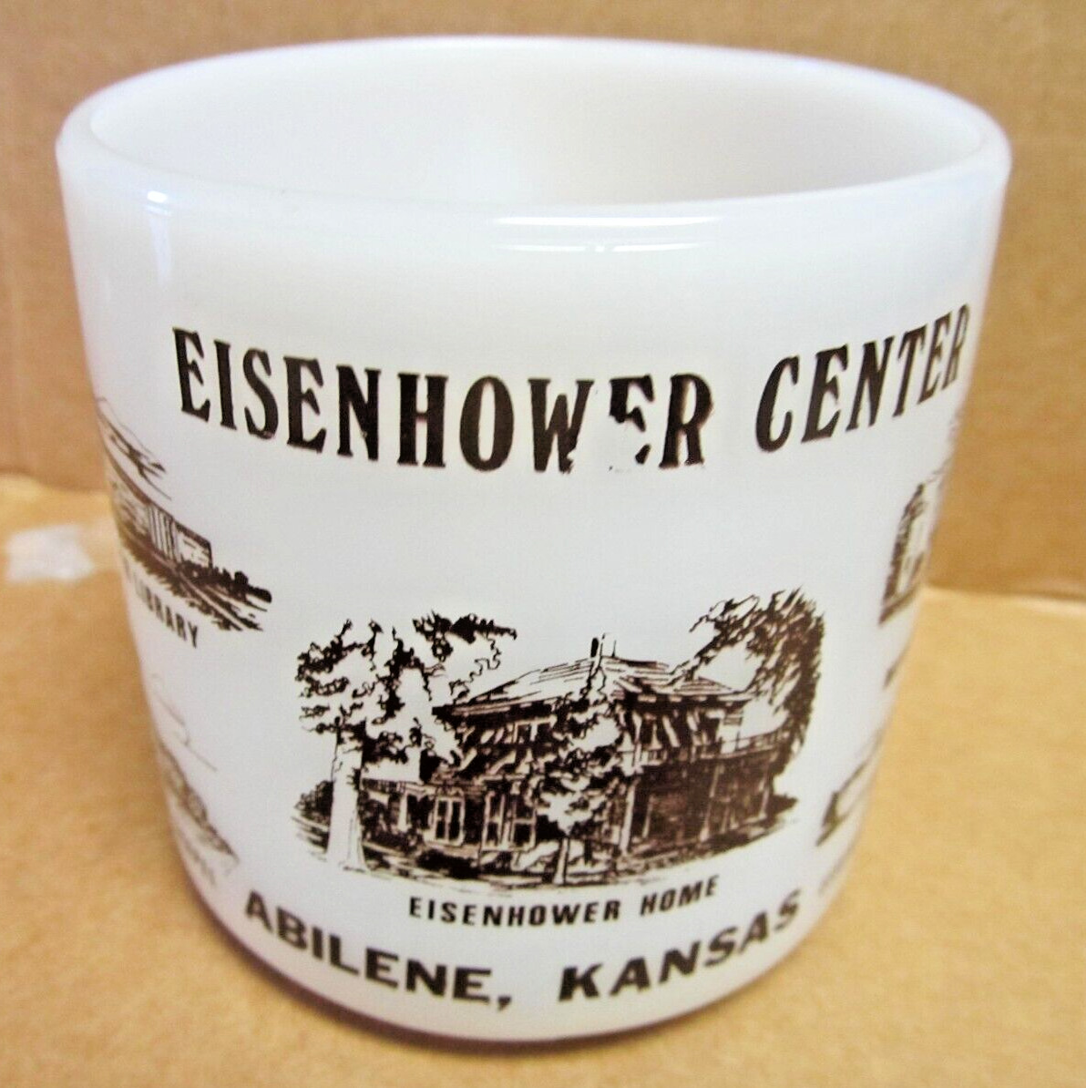 Vintage Federal Milk Glass Mug / Coffee Cup ~ Eisenhower Center ~ Abilene Kansas