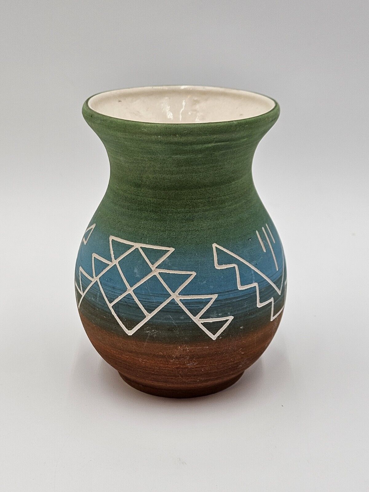 Vintage Native American Pawnee Pottery, Geometric Designs, Green, Blue, Signed 