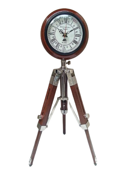Antique Nautical Tripod Stand Clock Steel Finish Table Clock Vintage Style Wood