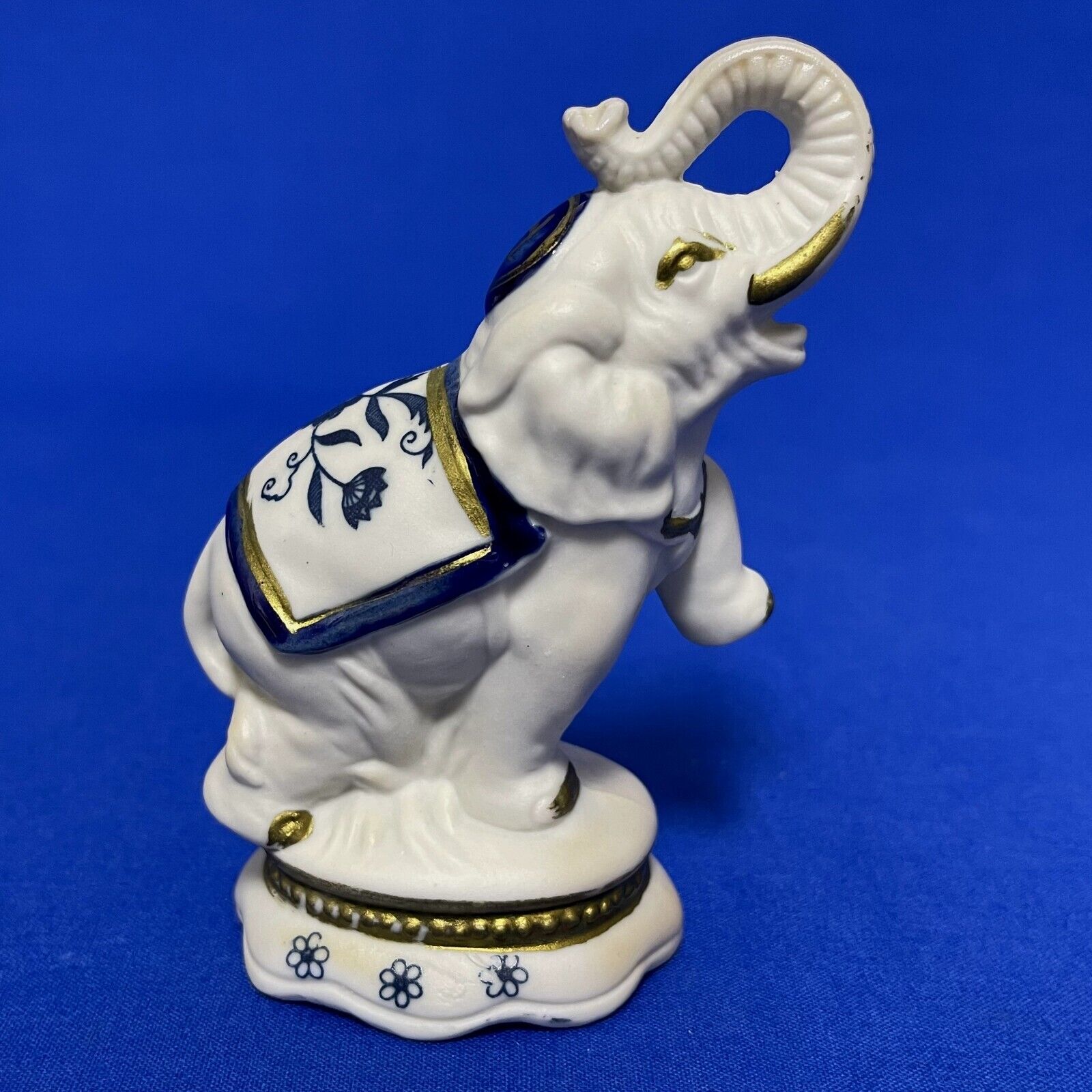 Dancing Elephant Figurine Blue White Bisque Finish 4.25\