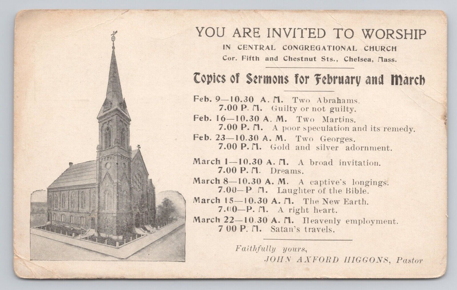 Central Congregational Church Chelsea MA service schedule c1906 Antique Postcard