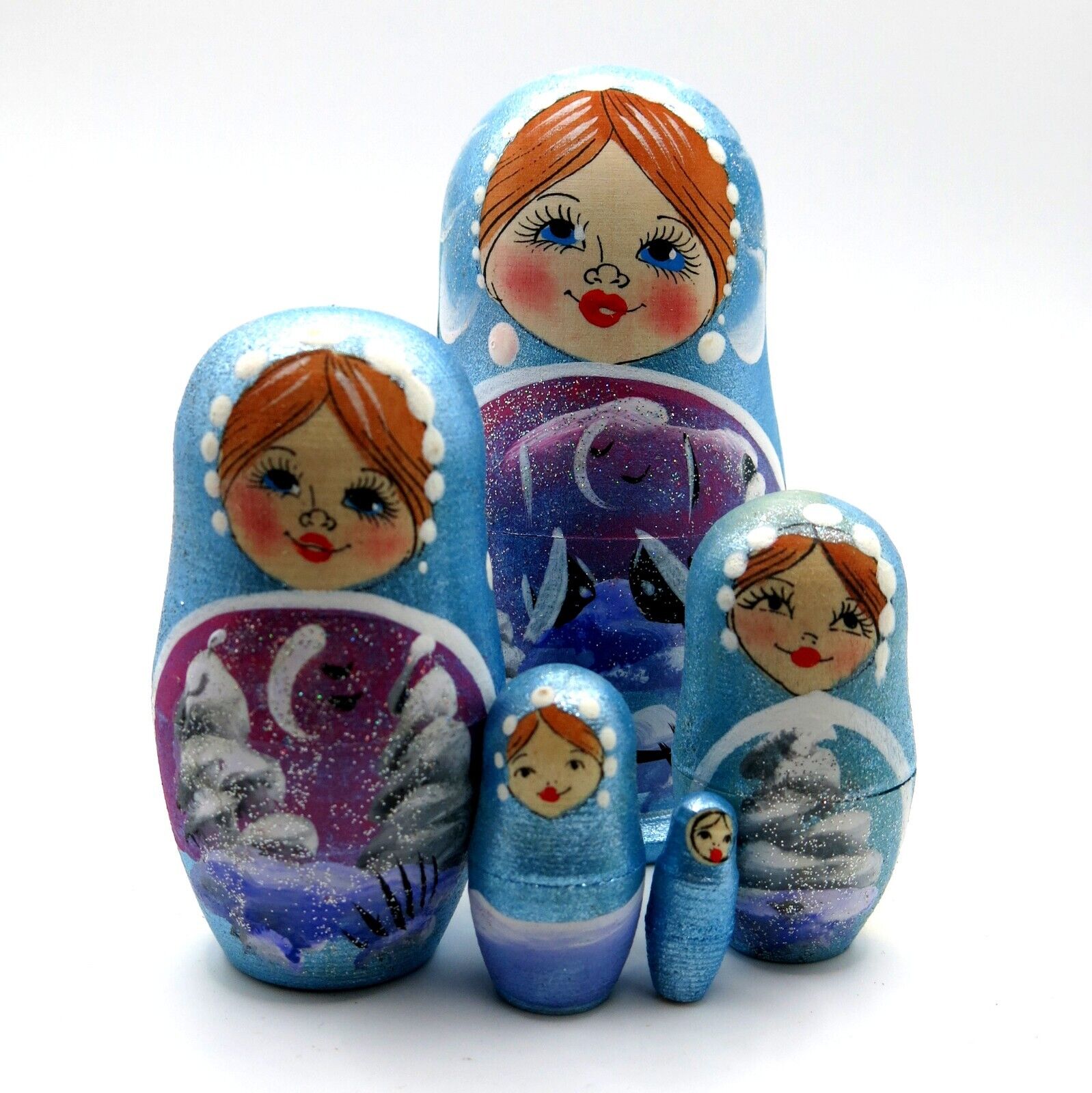 Winter 5 PC Blue Nesting Dolls, Holiday Christmas Easter Nested Egg Stacking Toy