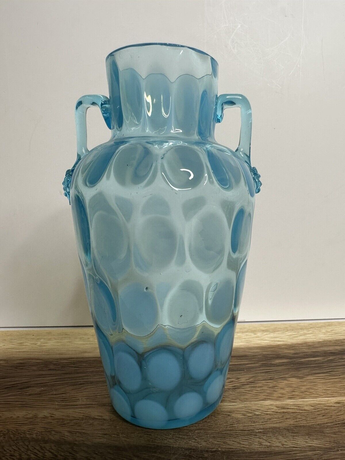 Rare Victorian Blue Glass Vase with Opalscent Dot Pattern and Applied Arms