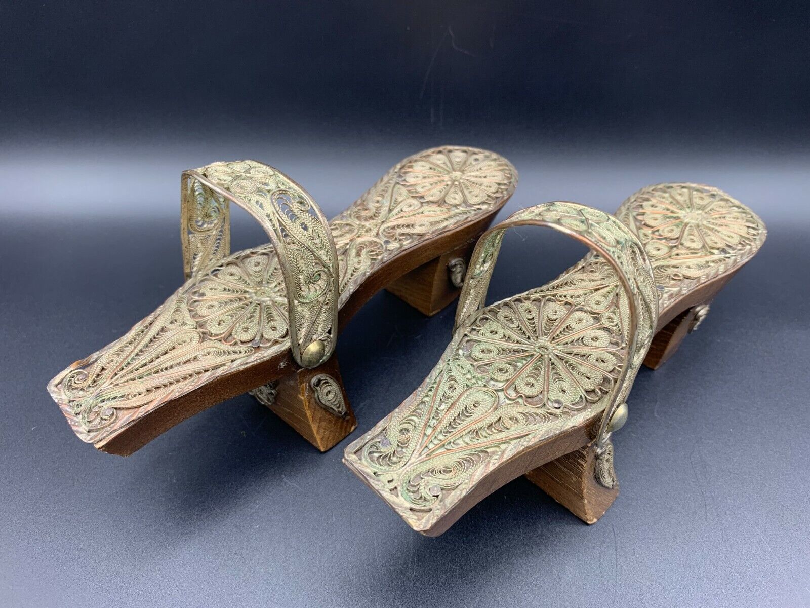 19C. Decorative Miniature Turkish Ottoman Hamman Nalin Filigree Clogs Bath Shoes