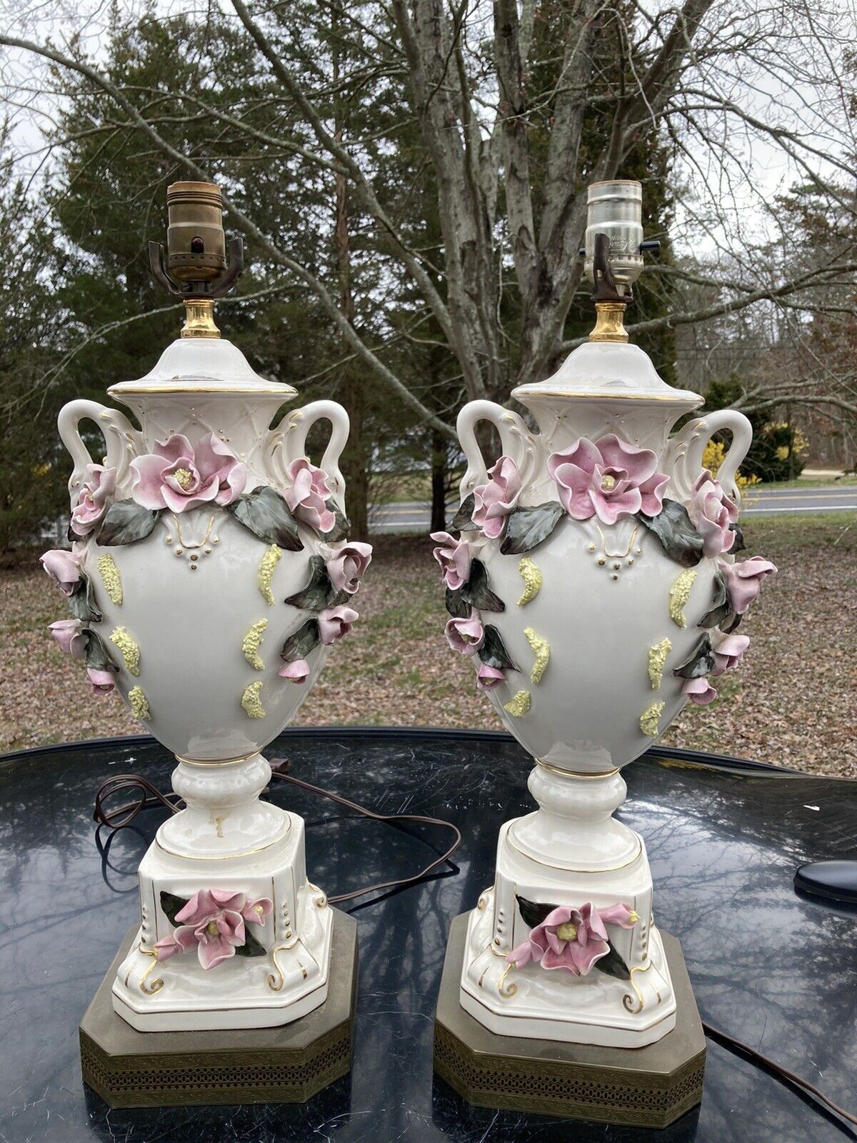 Pair Chantilly signed 22” Table Lamps Hand Figured Roses &  Swan Head Handles