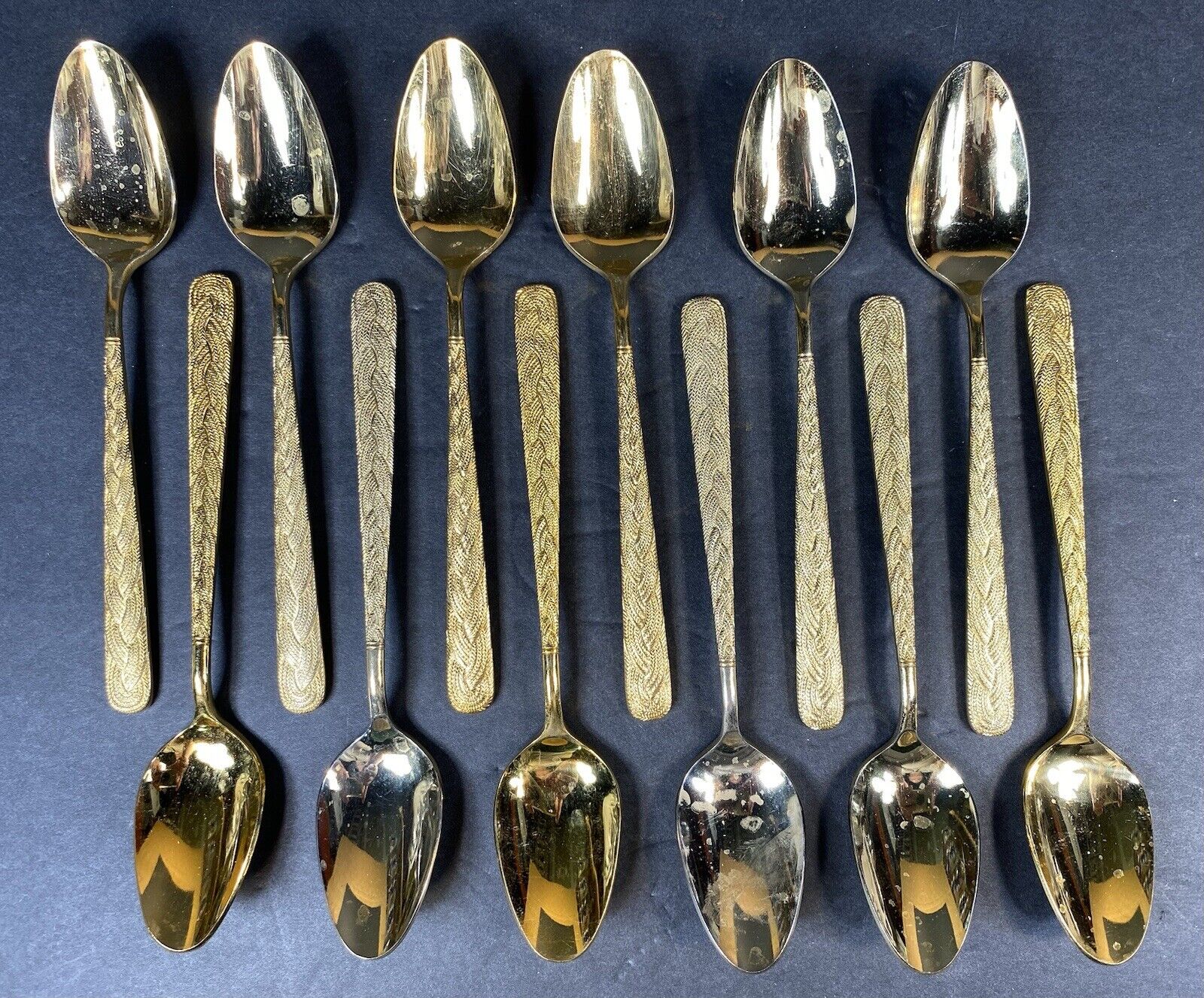 Elegant Gold Tone Weave Pattern VIP 12 Pc Spoon Set - Hollywood Regency Style