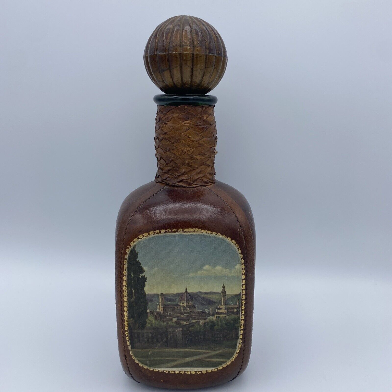 Vintage Italian Leather Wrapped Bottle w/ Stopper & Village Label