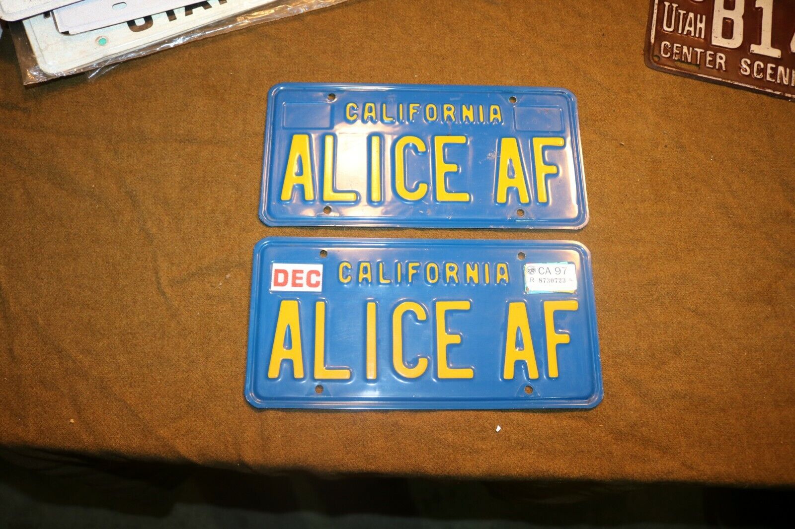 original pair California license plates personalized ALICE AF 1970 1980 