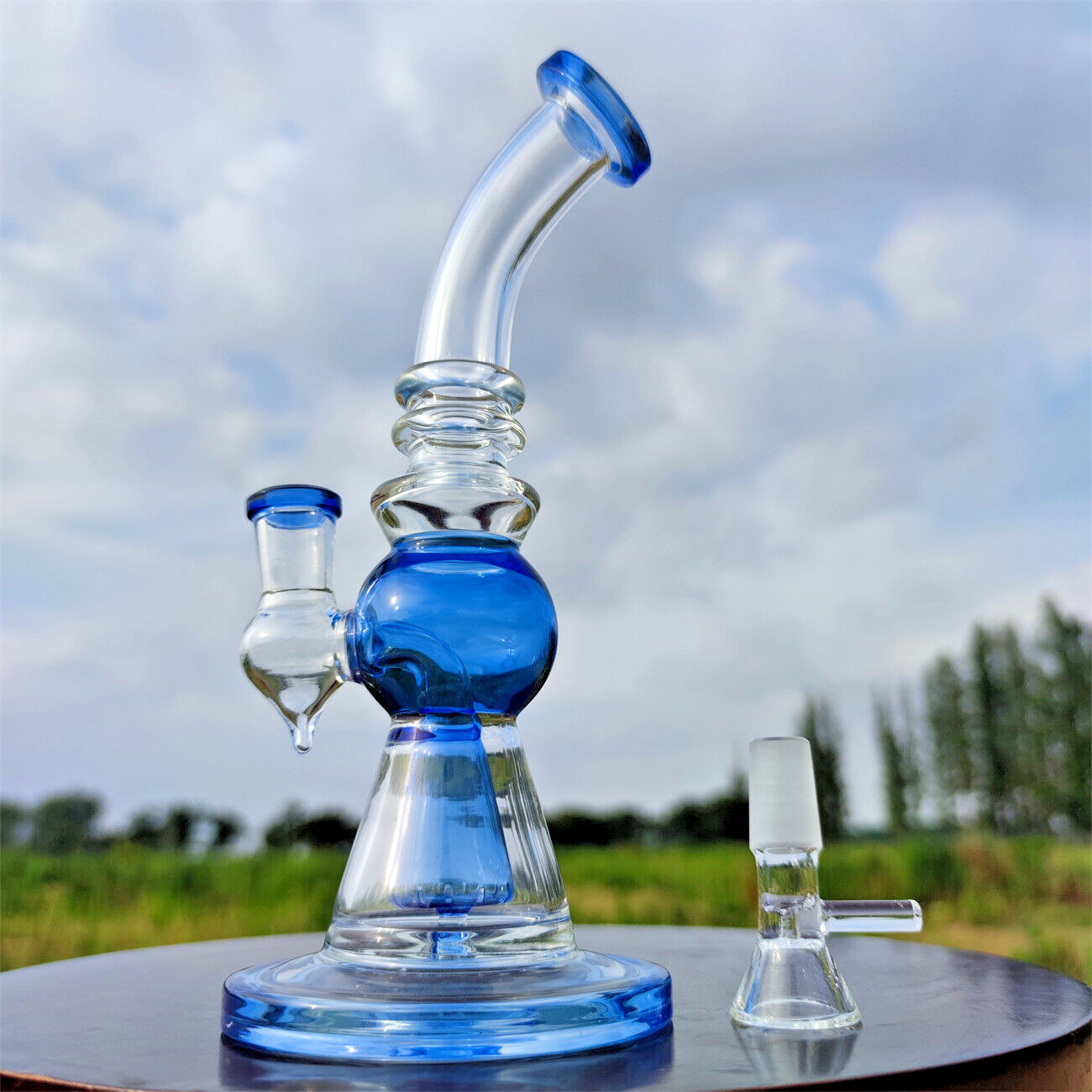 8'' Durable Blue Round Core Glass Water Pipe Bongs Smoking Hookahs 14mm Bowl
