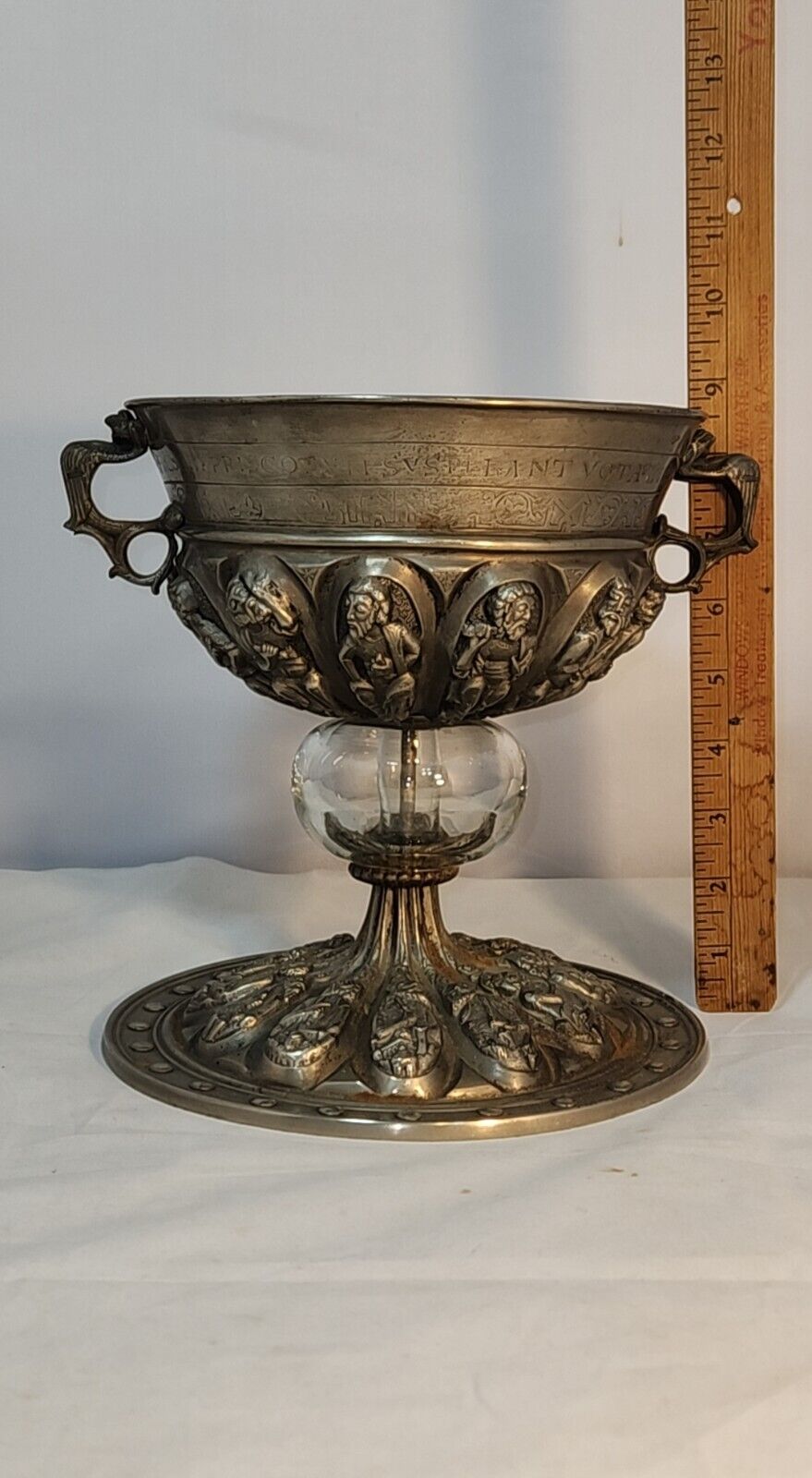 Antique Greek Style Metal Urn Glass Ball Base Shows Air Bubbles Very Unusual 