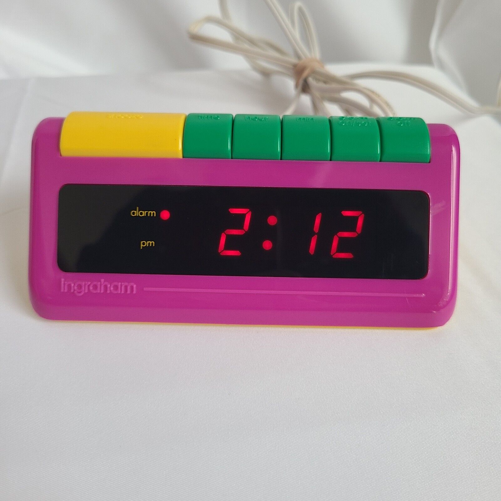 Vtg Ingraham Digital Alarm Clock Retro 80s 90s Pink Primary Colors Funky Tested
