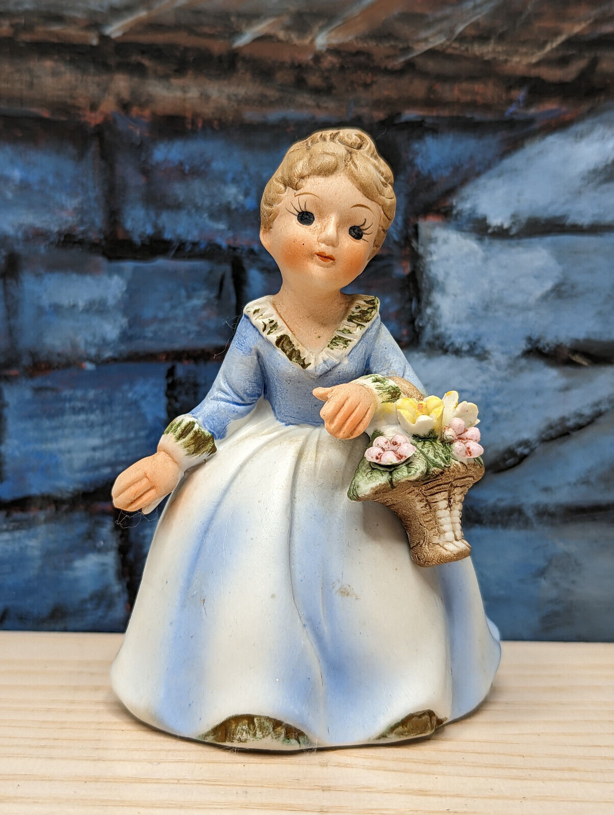 NANCO Girl Flower Lady Figurine Ceramic Porcelain Blue Flower Basket Grannycore