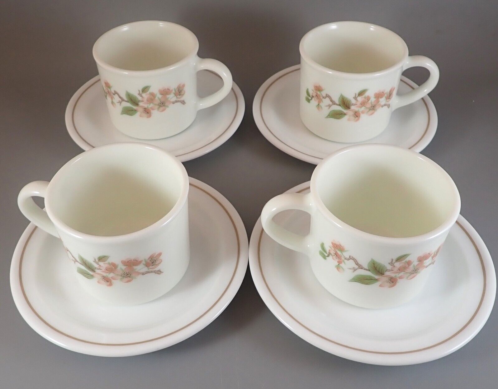 Pyrex Lisa Cherry Blossom Coffee / Tea Cup & Saucer Sets (4 Pair) England Glass
