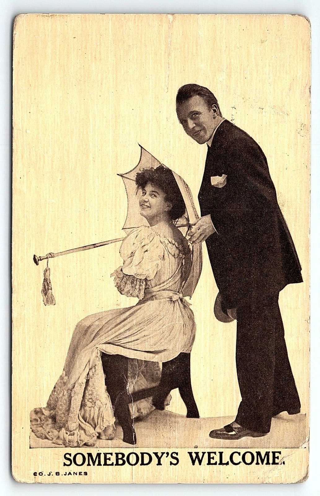 1911 OCHEYEDAN IOWA ART DECO ROMANTIC COUPLE PARASOL J.B. JANES POSTCARD P3705
