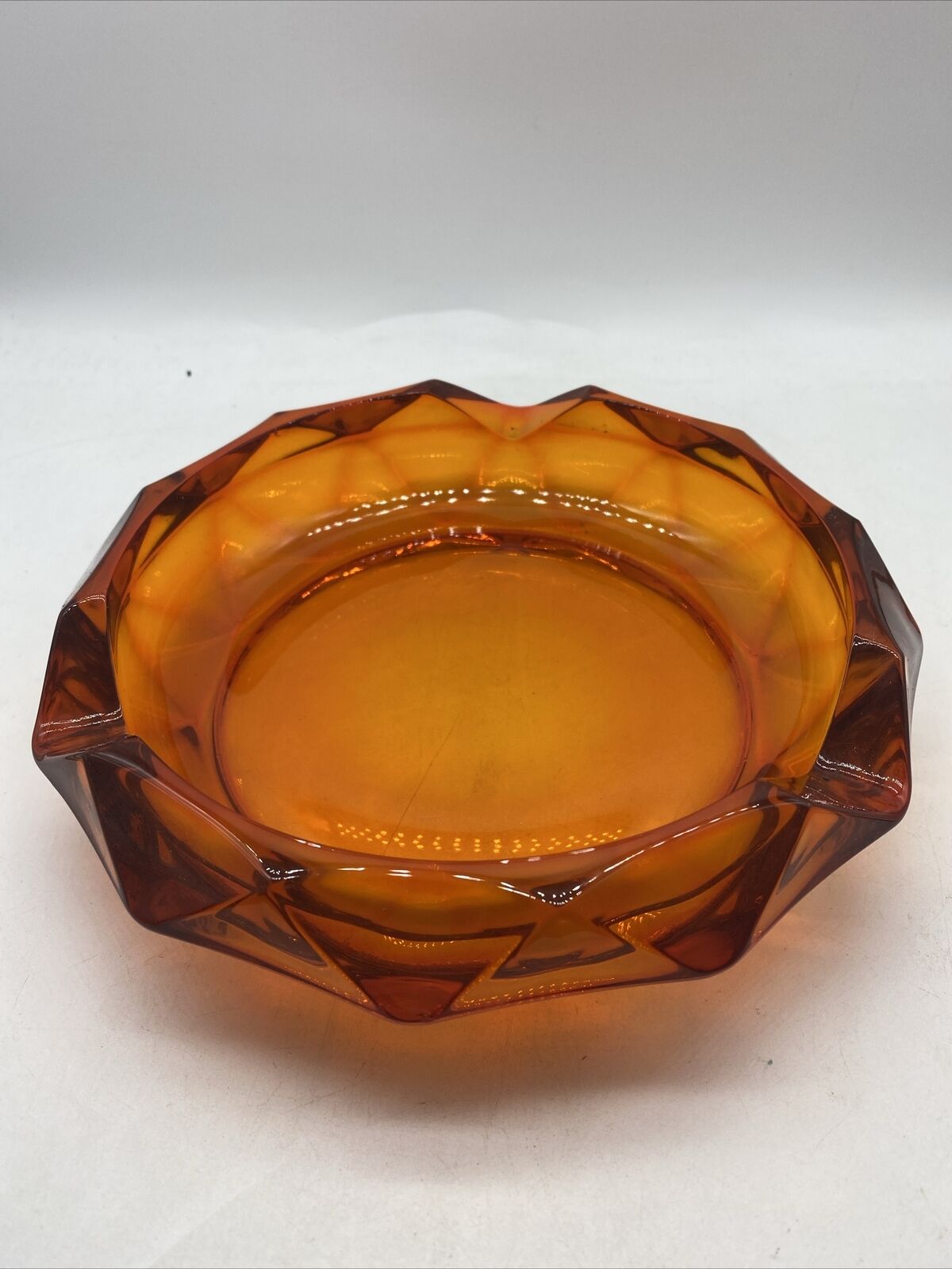 Mid Century Viking Glass Ashtray Bowl Diamond Point Orange Persimmon Decor 9”