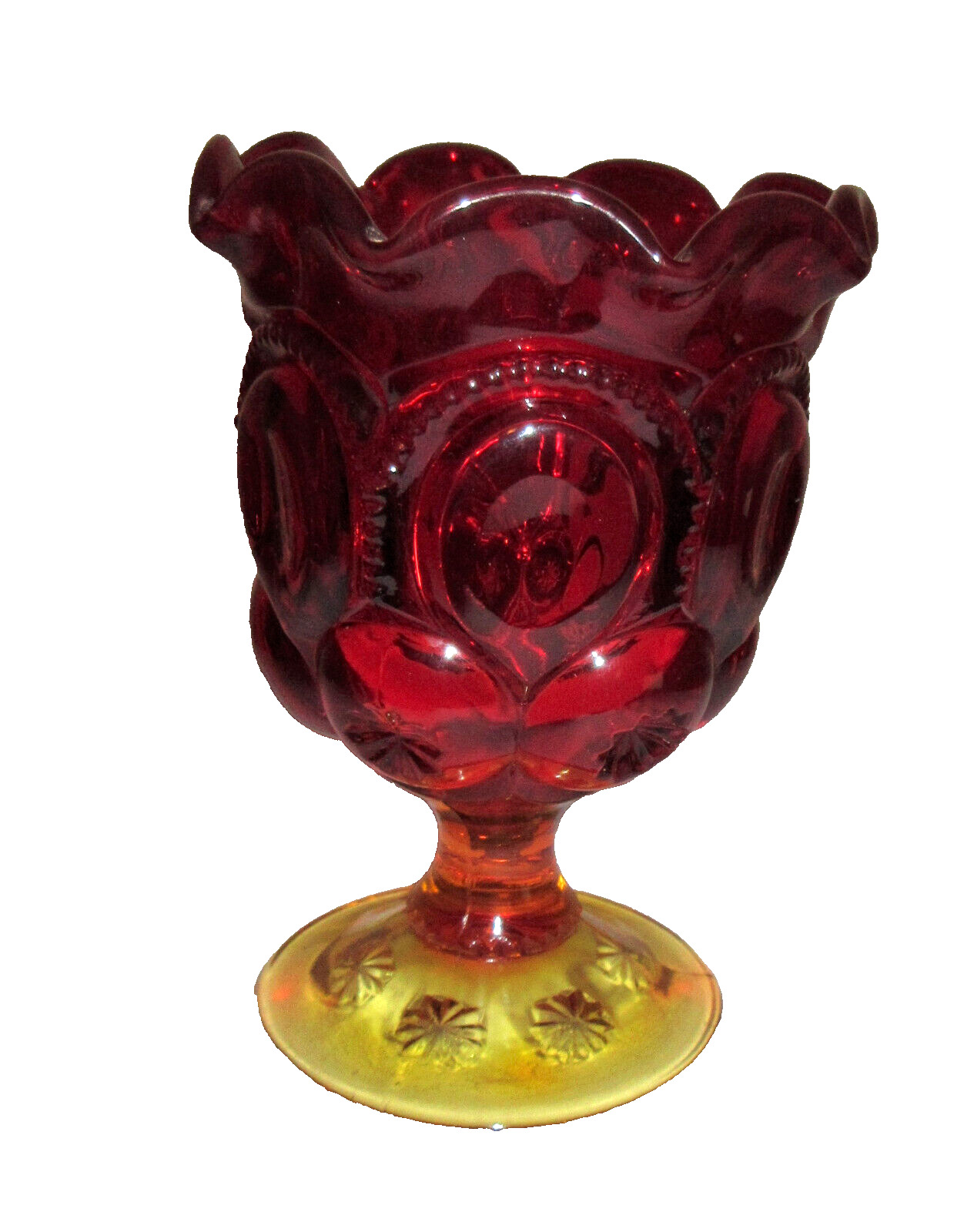 Vtg Moon and Stars L E Smith Pedestal Vase Goblet Amberina Glass 5.5\