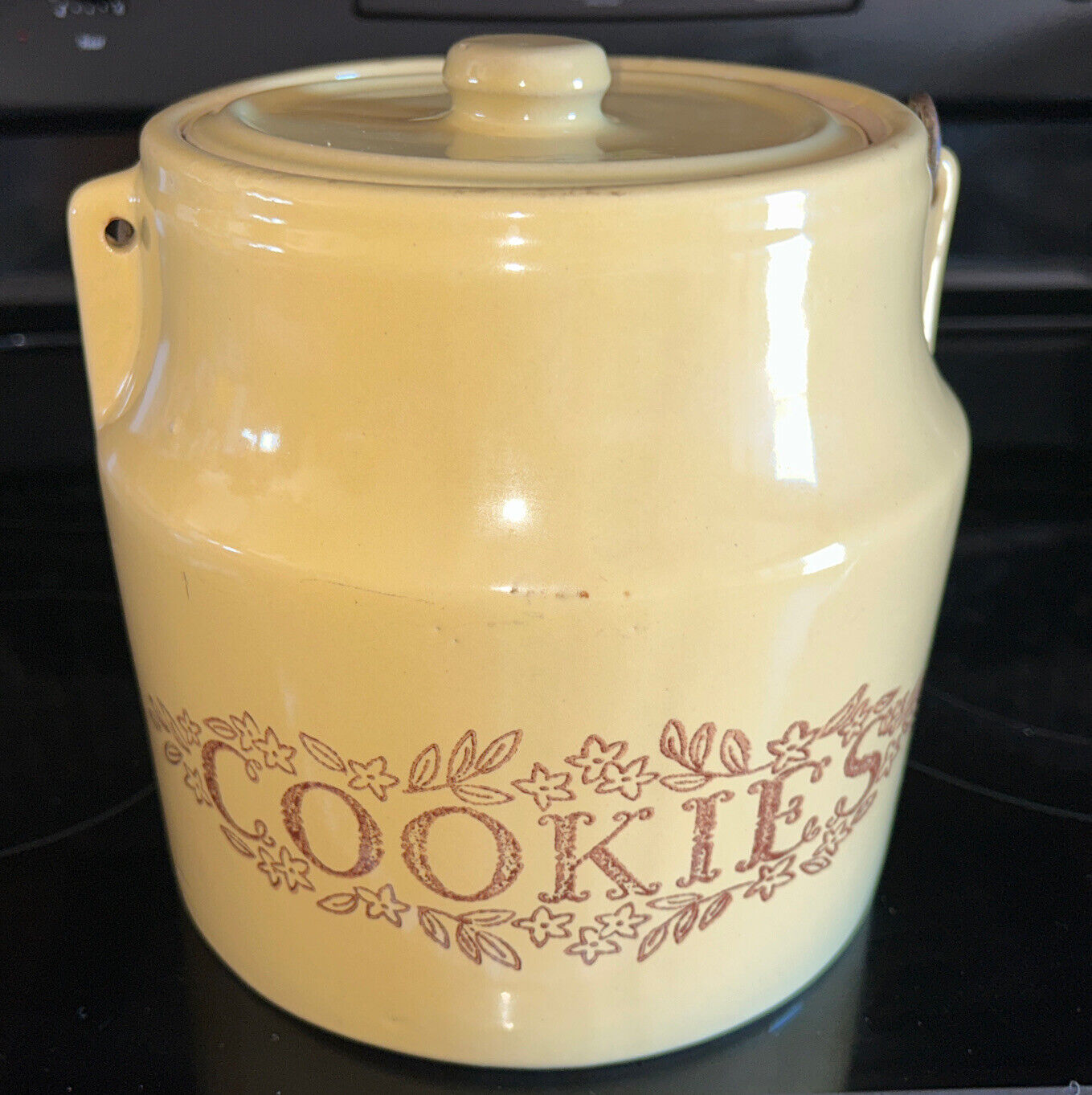 Vintage Monmouth Usa Stoneware Cookie Jar Wire Handle  7.5” Tall Crock Farmhouse