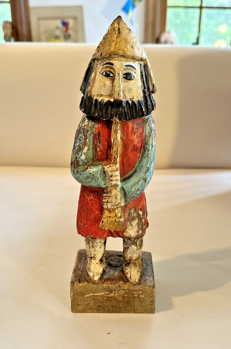 Carved Wood Hand Painted Antique Vintage Figure Figurine with Horn, 10\