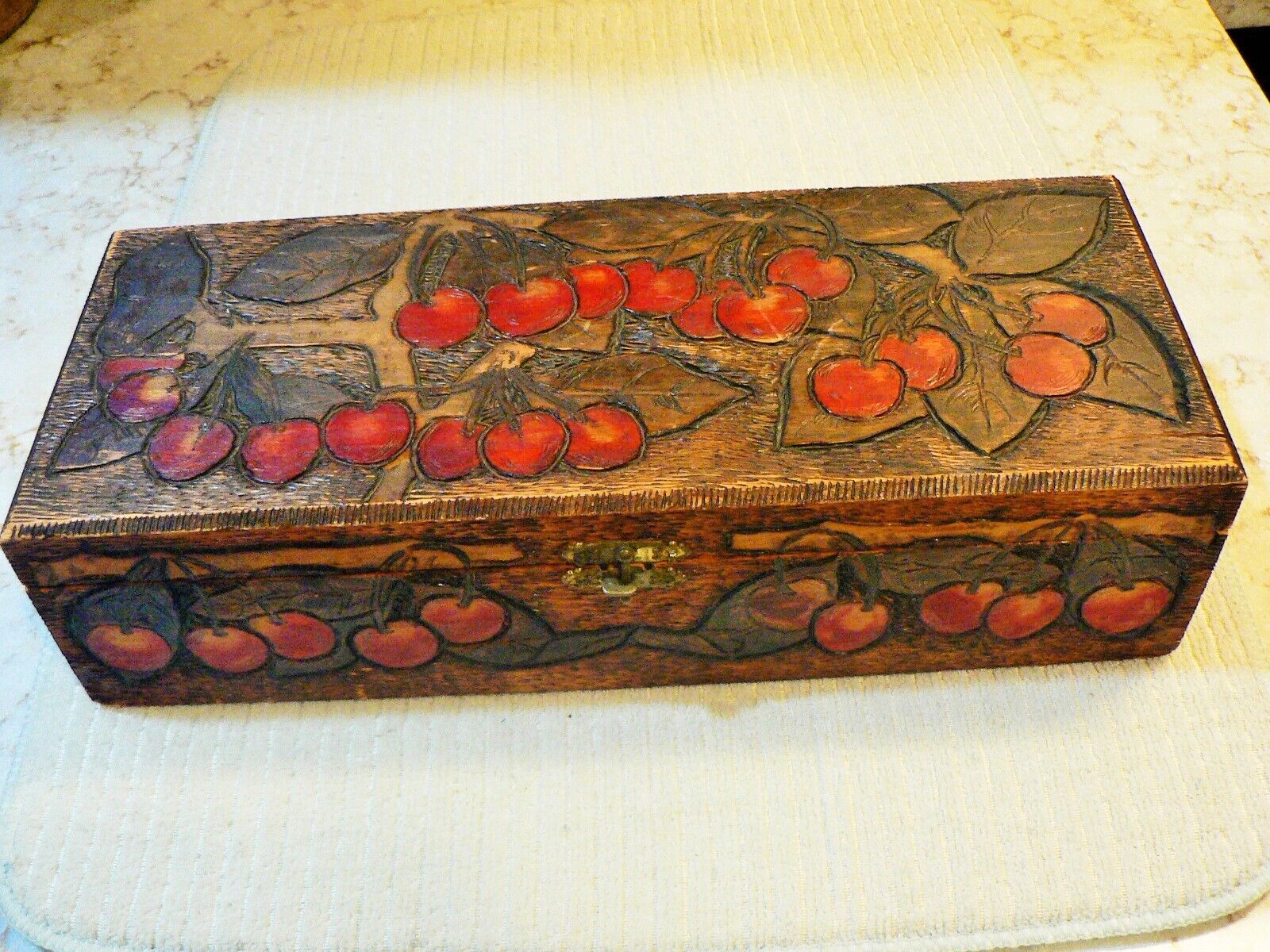 Vintage FLEMISH ART CO Pyrography Painted Art Wooden Glove Box Cherries EUC