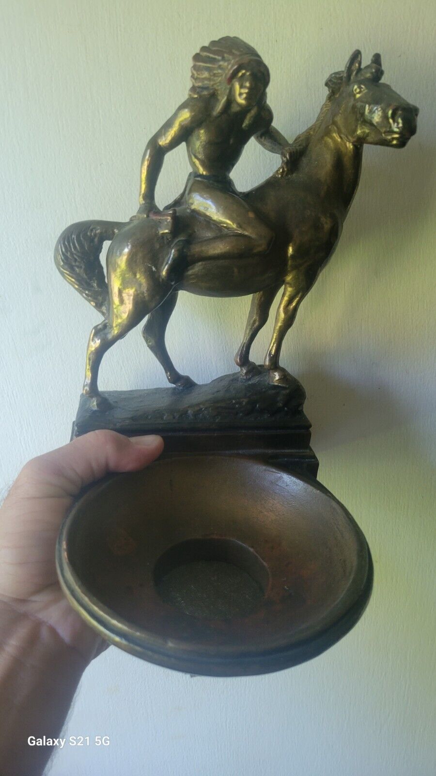 Antique Vintage Paul Herzel Bronze Clad American Indian On Horse Ashtray RARE