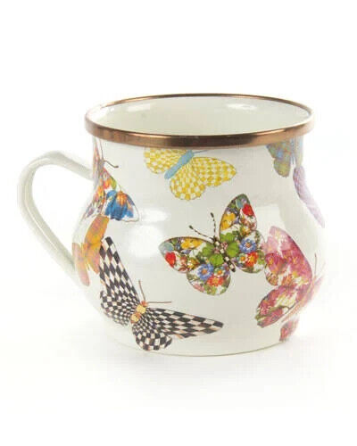 Brand New MACKENZIE-CHILDS Butterfly Garden Enamel Mug, Large Coffee Cup