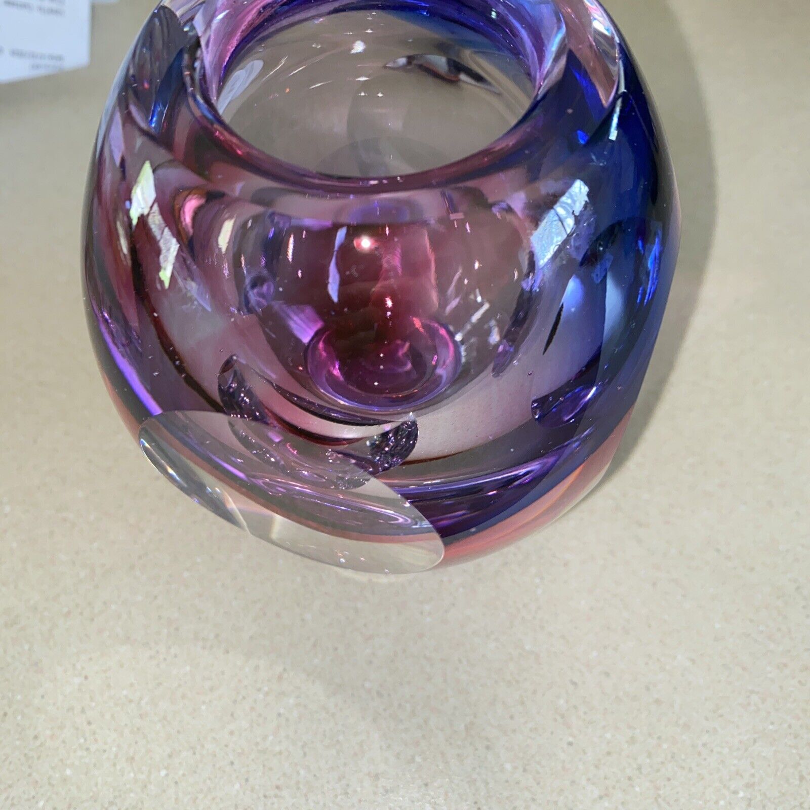 Bud Vase. Very Heavy Glass. Hues Of Purple, Mauve And Irredescent