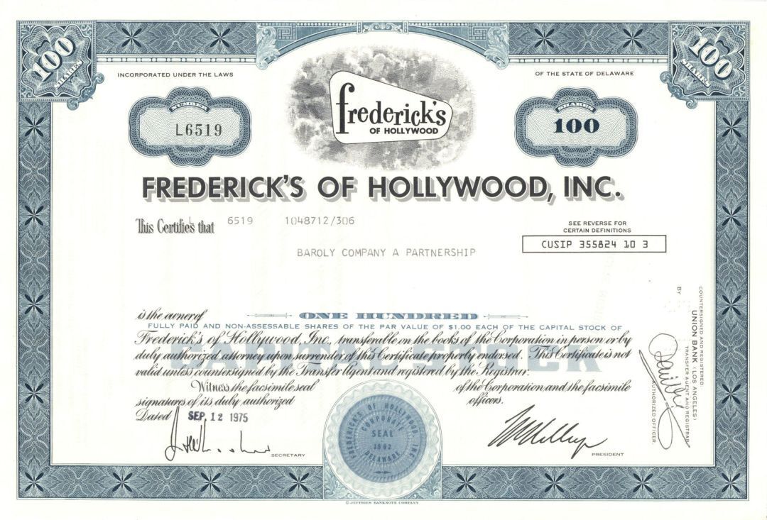 Frederick\'s of Hollywood, Inc. - dated 1970\'s-80\'s Stock Certificate - Famous Li
