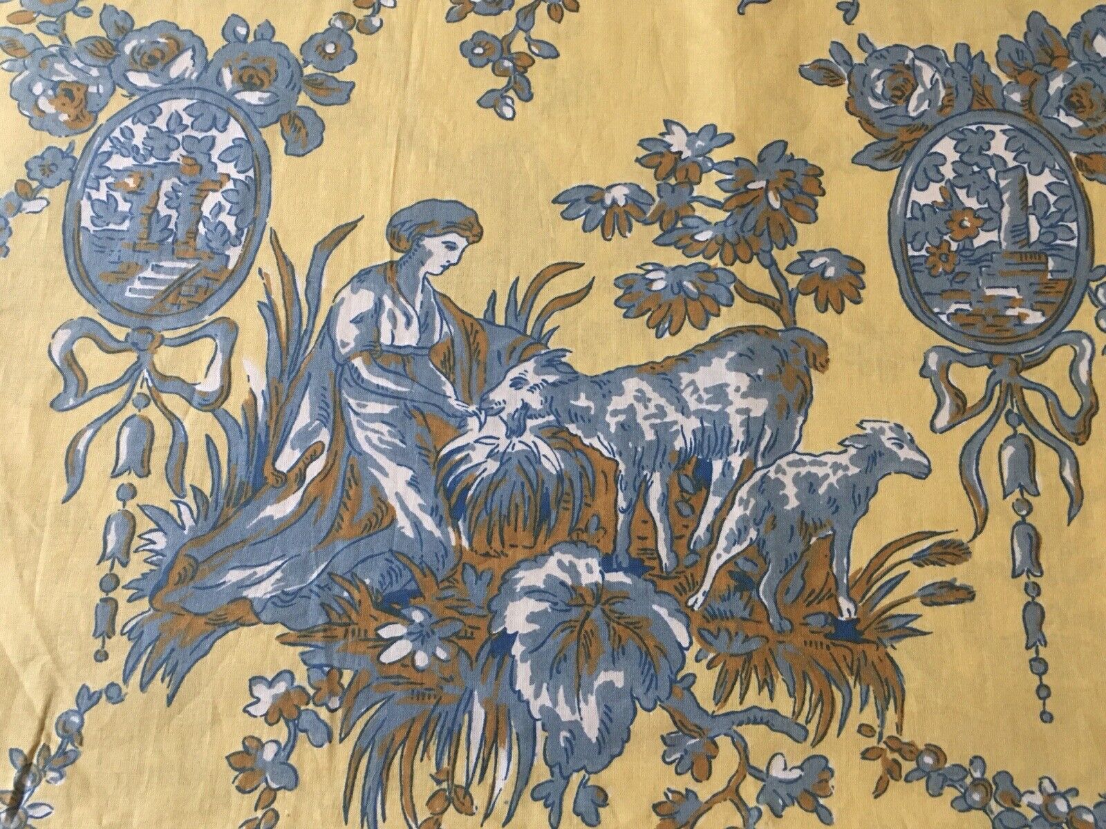 Antique French Country Life Figural Scenic Cotton Fabric~Yellow Blue Umber Brown