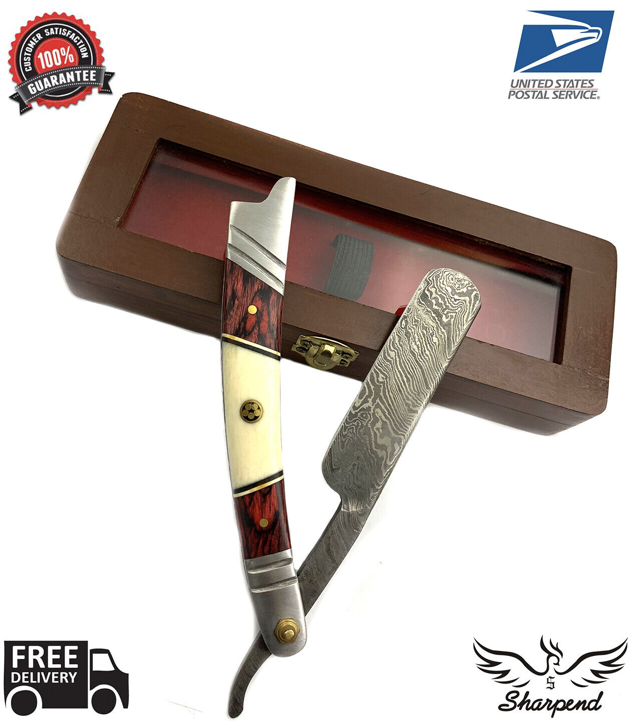  Damascus Steel - Sharp Straight Razor Blade - Buffalo Horn Handle Hand Made