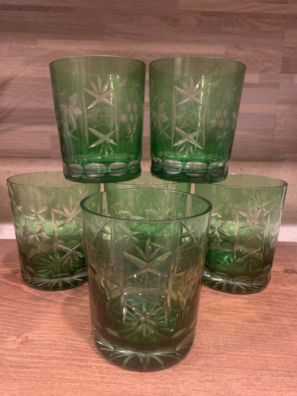 Set Of 6 Edo Kiriko Sake Cup / Rocks Glasses, Green Cut Glass