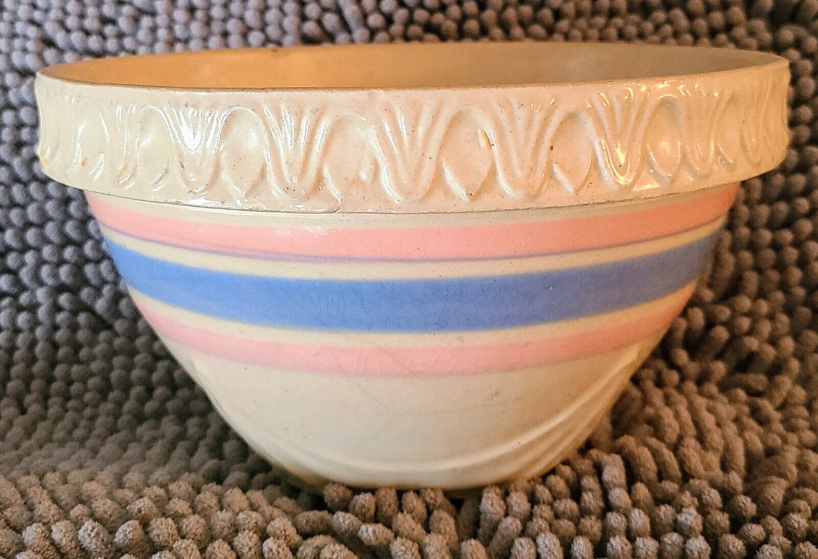 1930\'s Stoneware Mixing Bowl with Blue Pink Stripes-RARE Collectible-