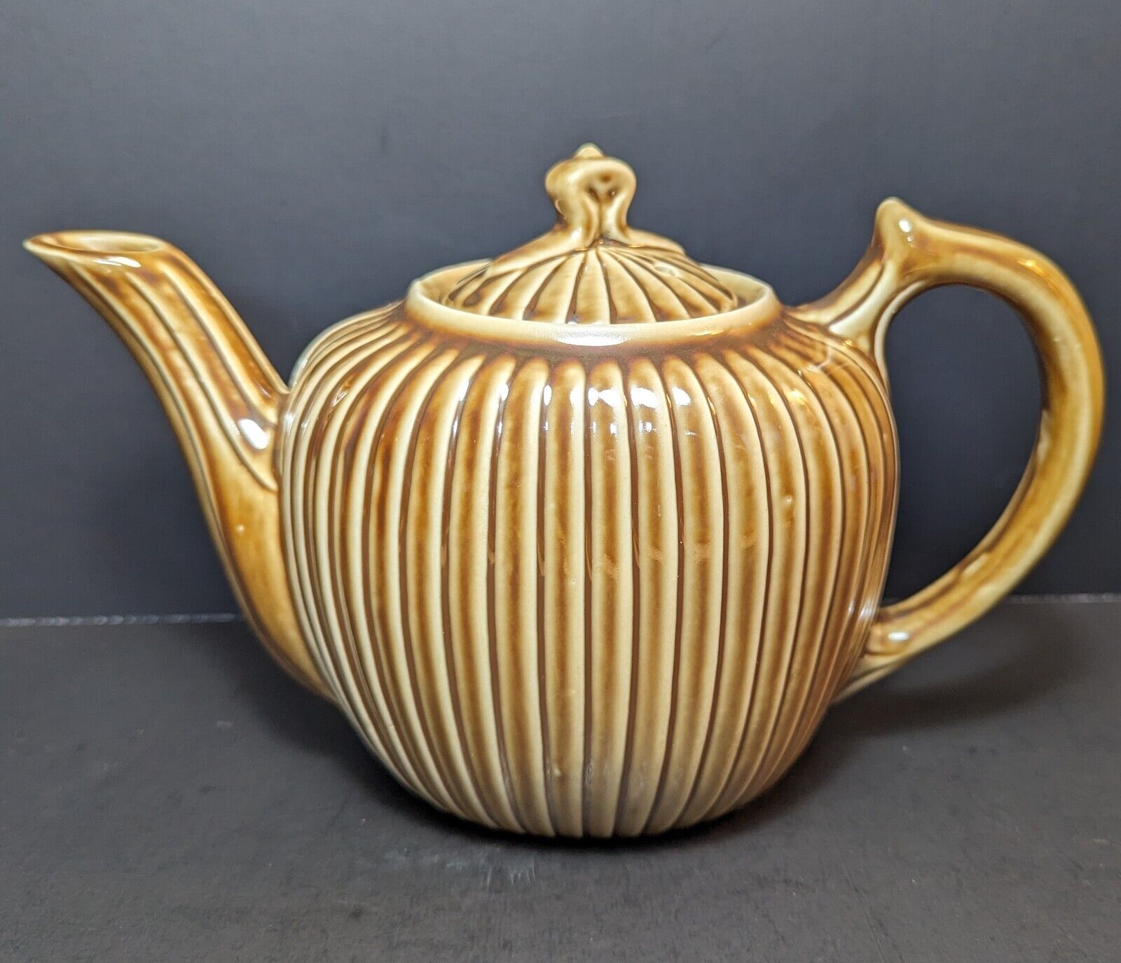 Vintage Fraunfelter China Brown Ceramic Lusterware Ohio Ribbed Handmade Teapot