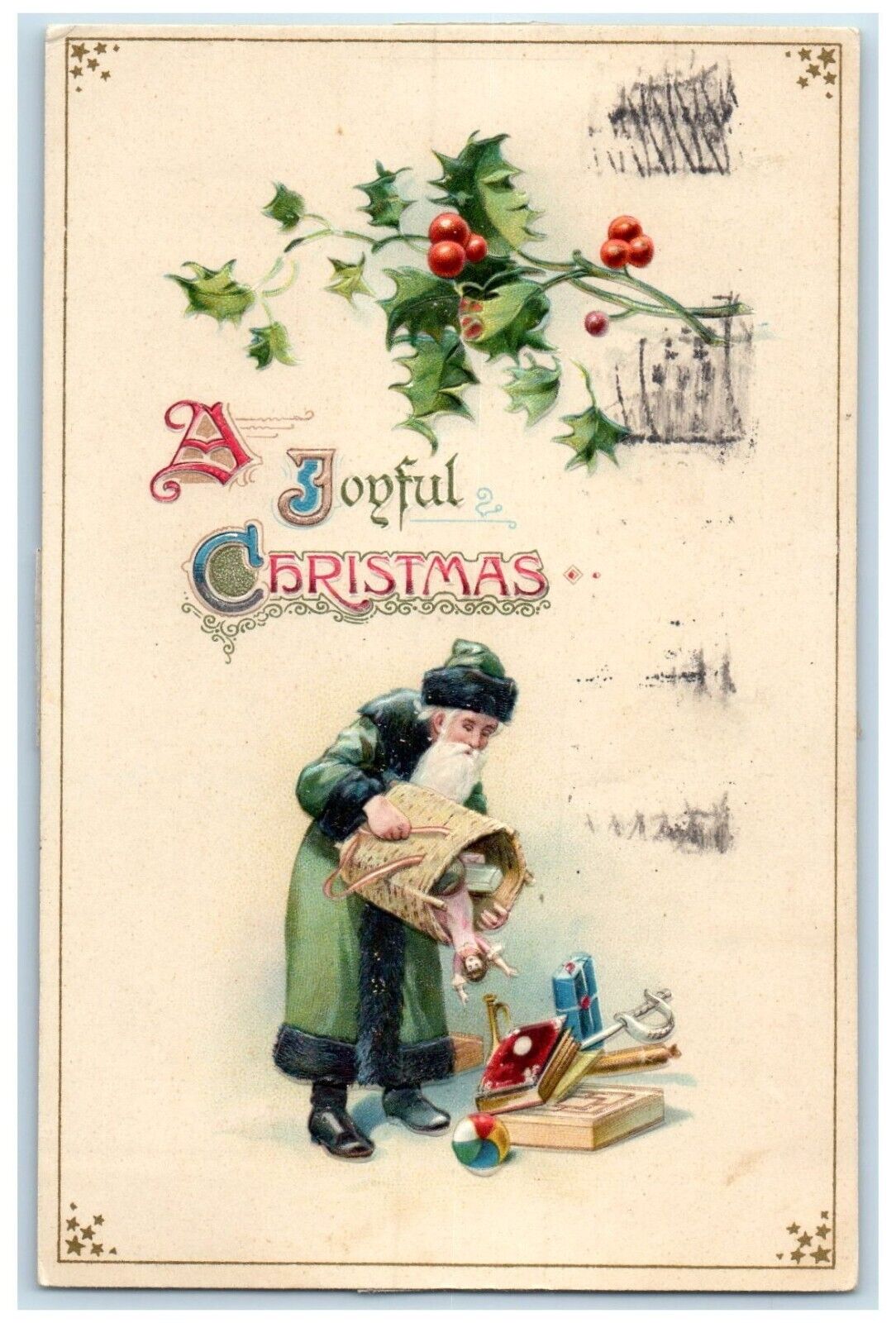 1914 Christmas Santa Claus Green Toys Suit Holly Berries Alexandria MN Postcard