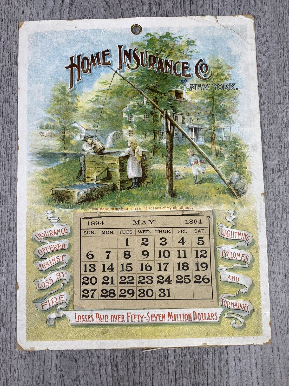 The Home Insurance Company New York Antique Calendar 1894 Song On Rever￼se