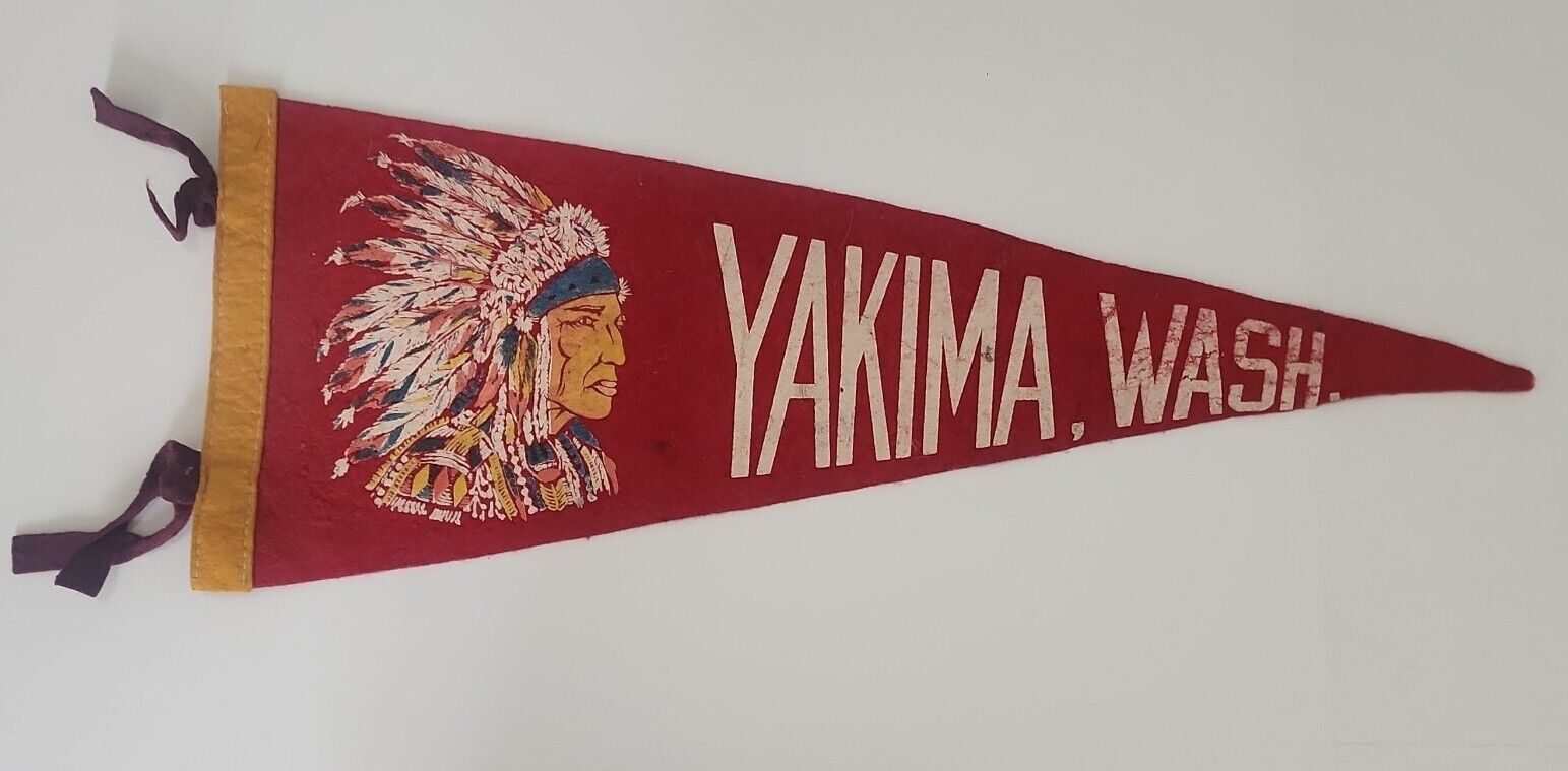 Vintage red Yakima, Washington souvenir Native American Chief felt pennant