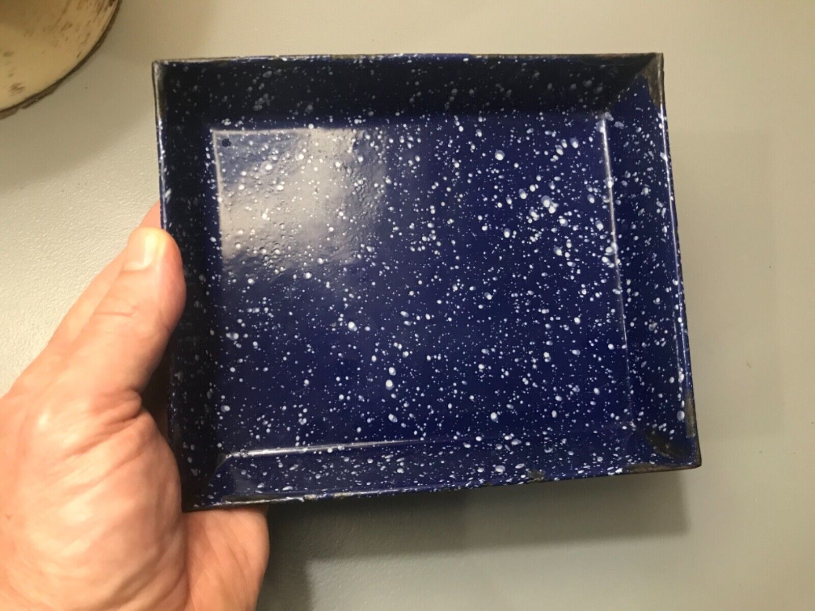 RARE COBALT BLUE &WHITE SPECKLED HEAVY/THICK TRAY Graniteware Enamelware ANTIQUE