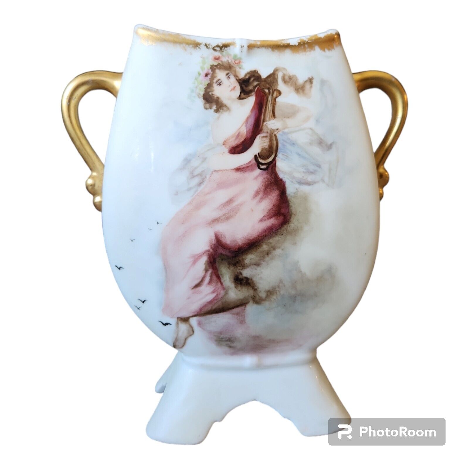 Antique MR France Limoges Footed Vase Featuring Woman by Ocean