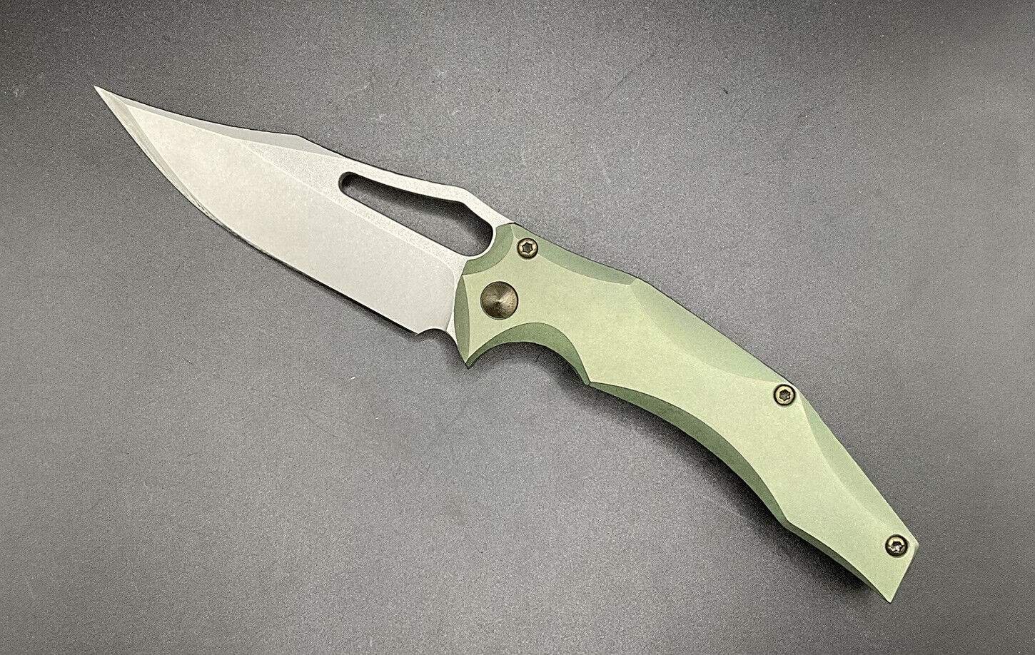 Gavko Knives Spinner Custom Green Rock Chiseled Titanium Stonewashed AEB-L