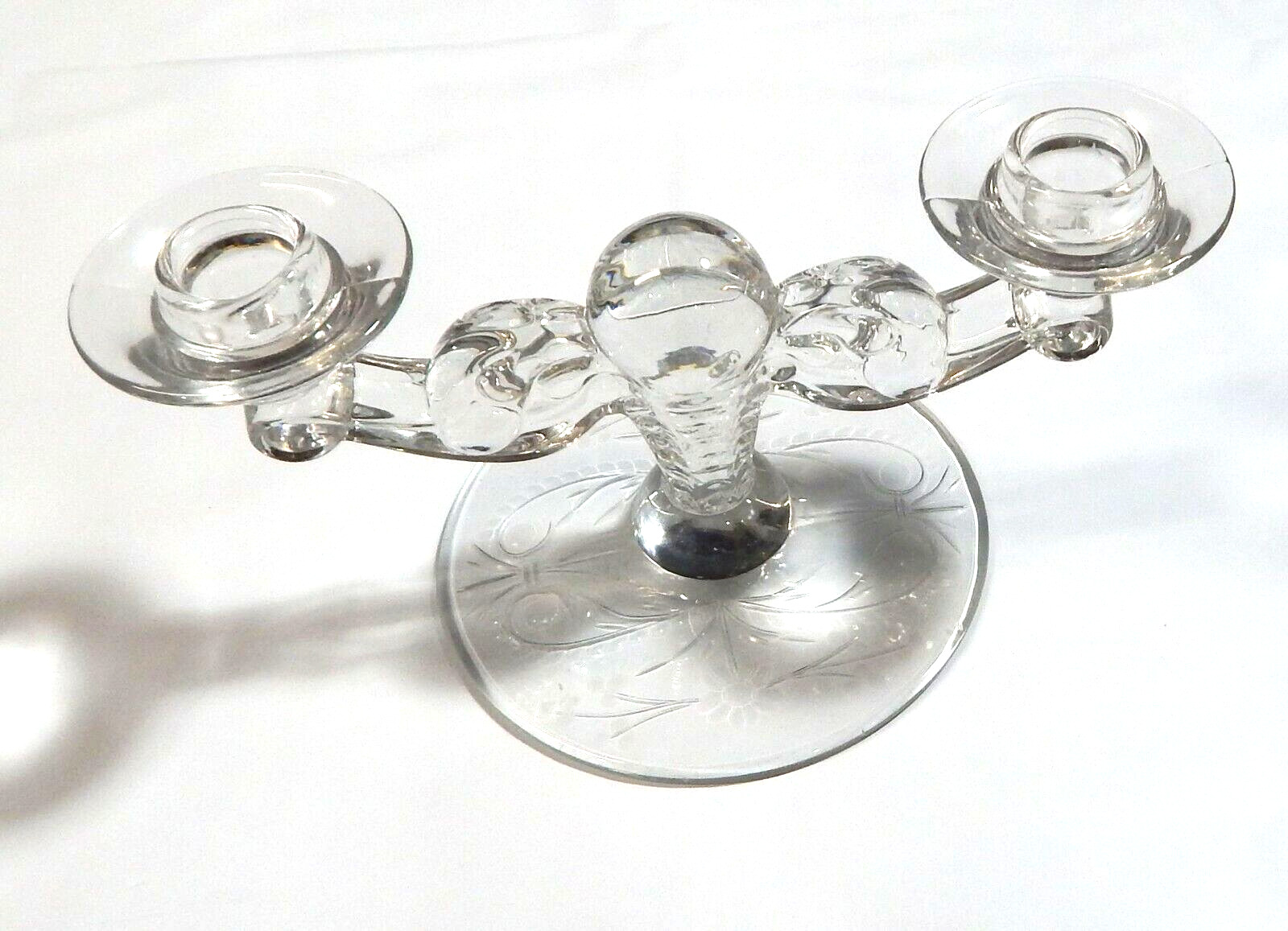 Depression Glass Tiffin Candlestick Double Two Light Byzantine  Cut/Etch Floral