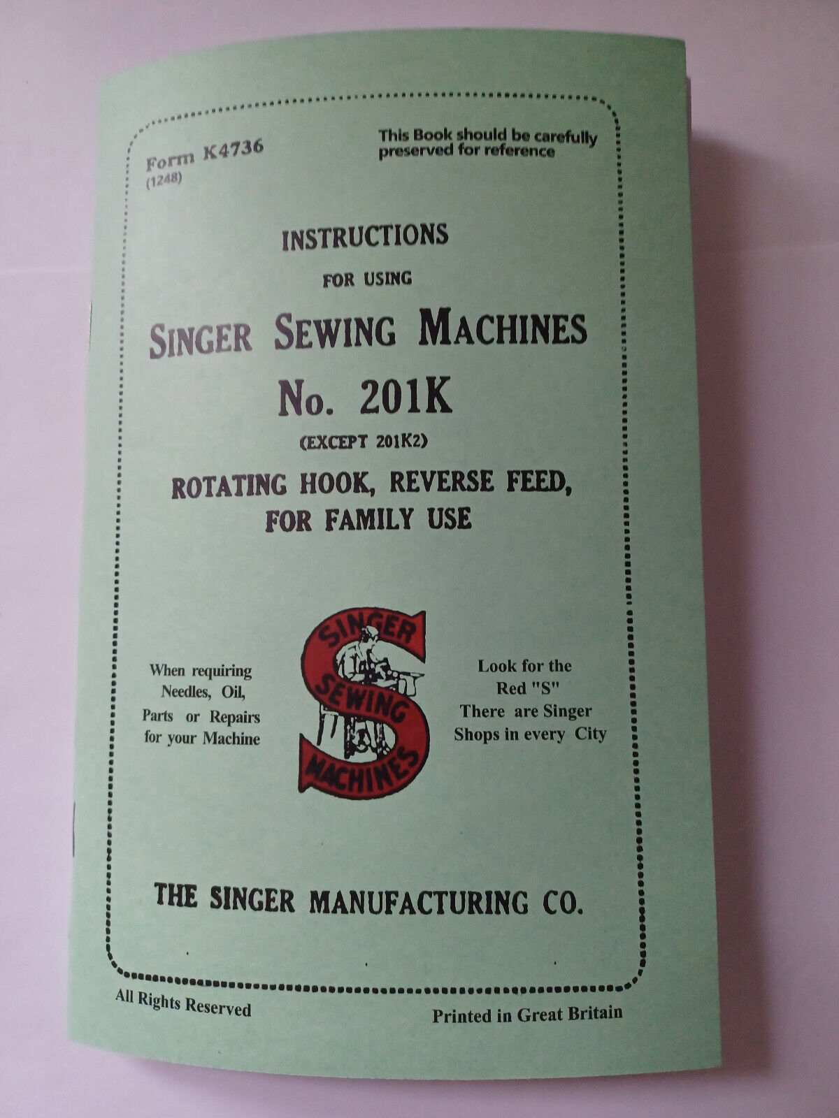 Singer 201K Manual Instruction Sewing Machine Reprint (Model 201)